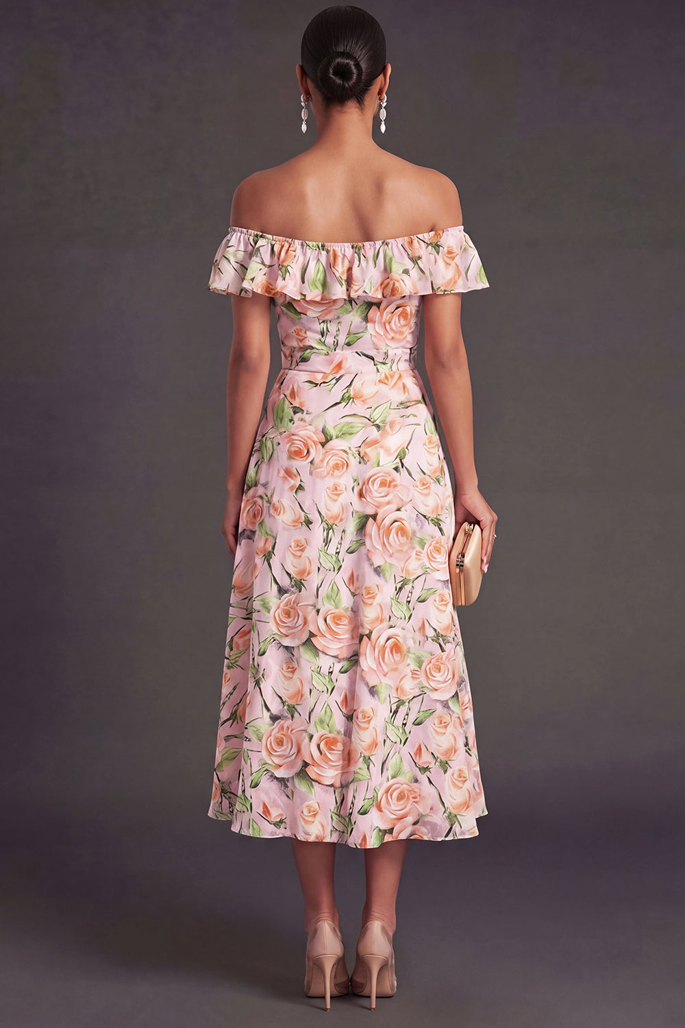 Pink Floral A Line Off the Shoulder Long Summer Wedding Guest Dress