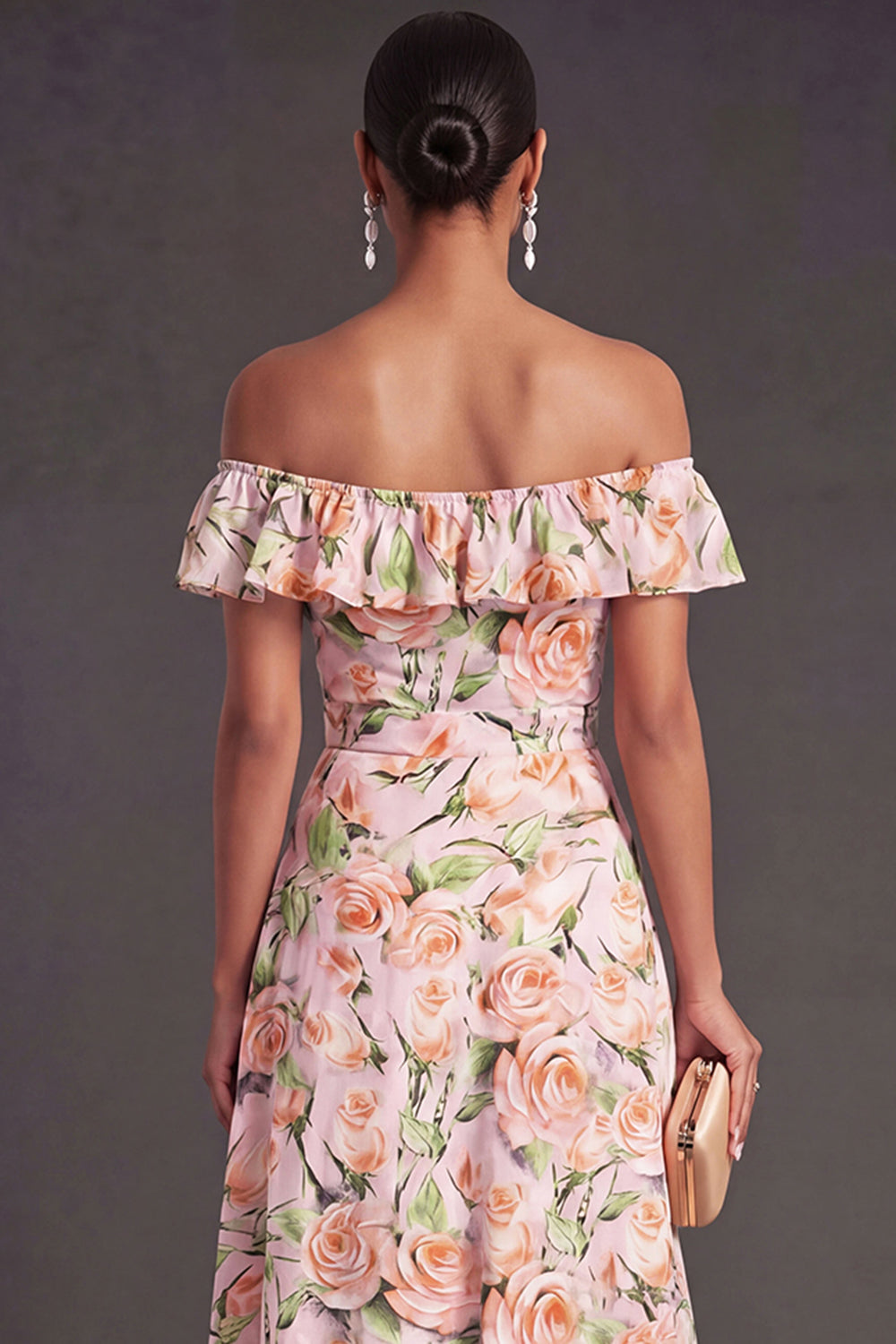 Pink Floral A Line Off the Shoulder Long Summer Wedding Guest Dress