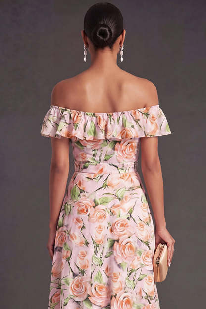 Pink Floral A Line Off the Shoulder Long Summer Wedding Guest Dress