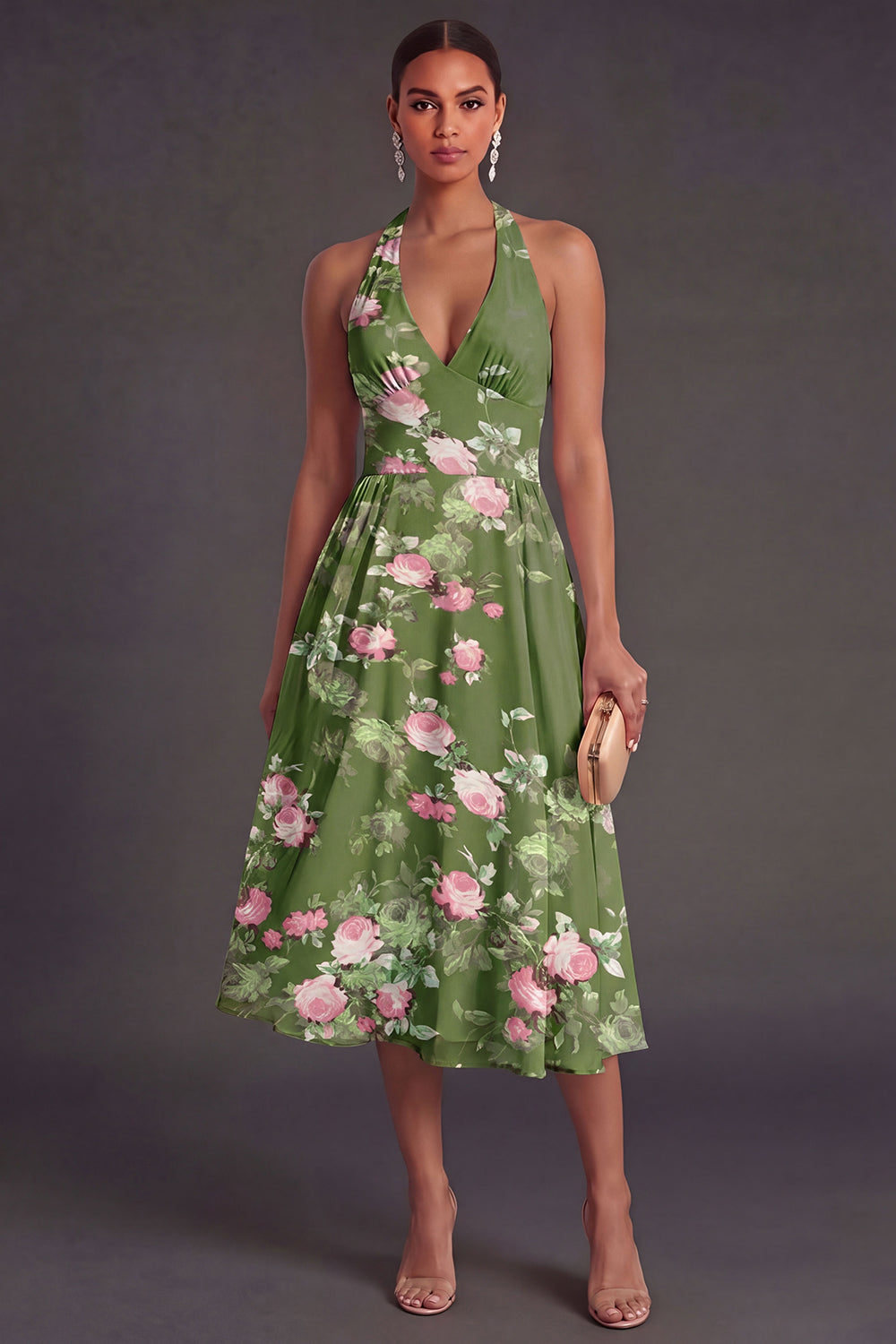Dark Green Floral A Line Halter Neck Midi Wedding Guest Dress
