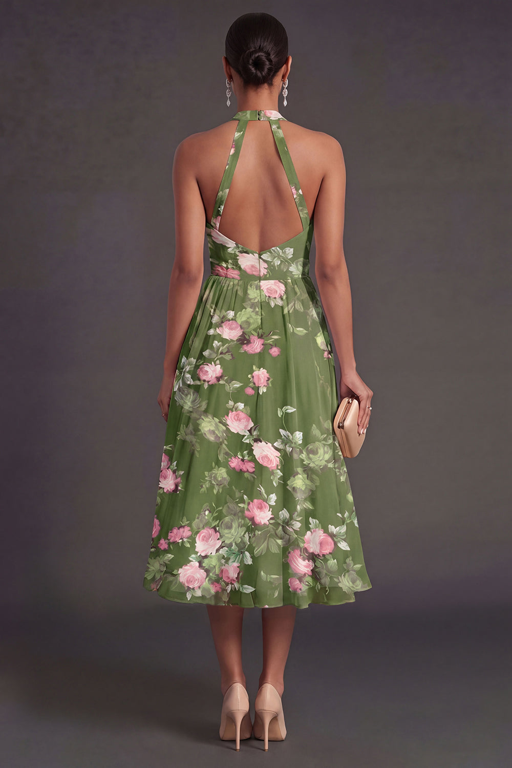 Dark Green Floral A Line Halter Neck Midi Wedding Guest Dress