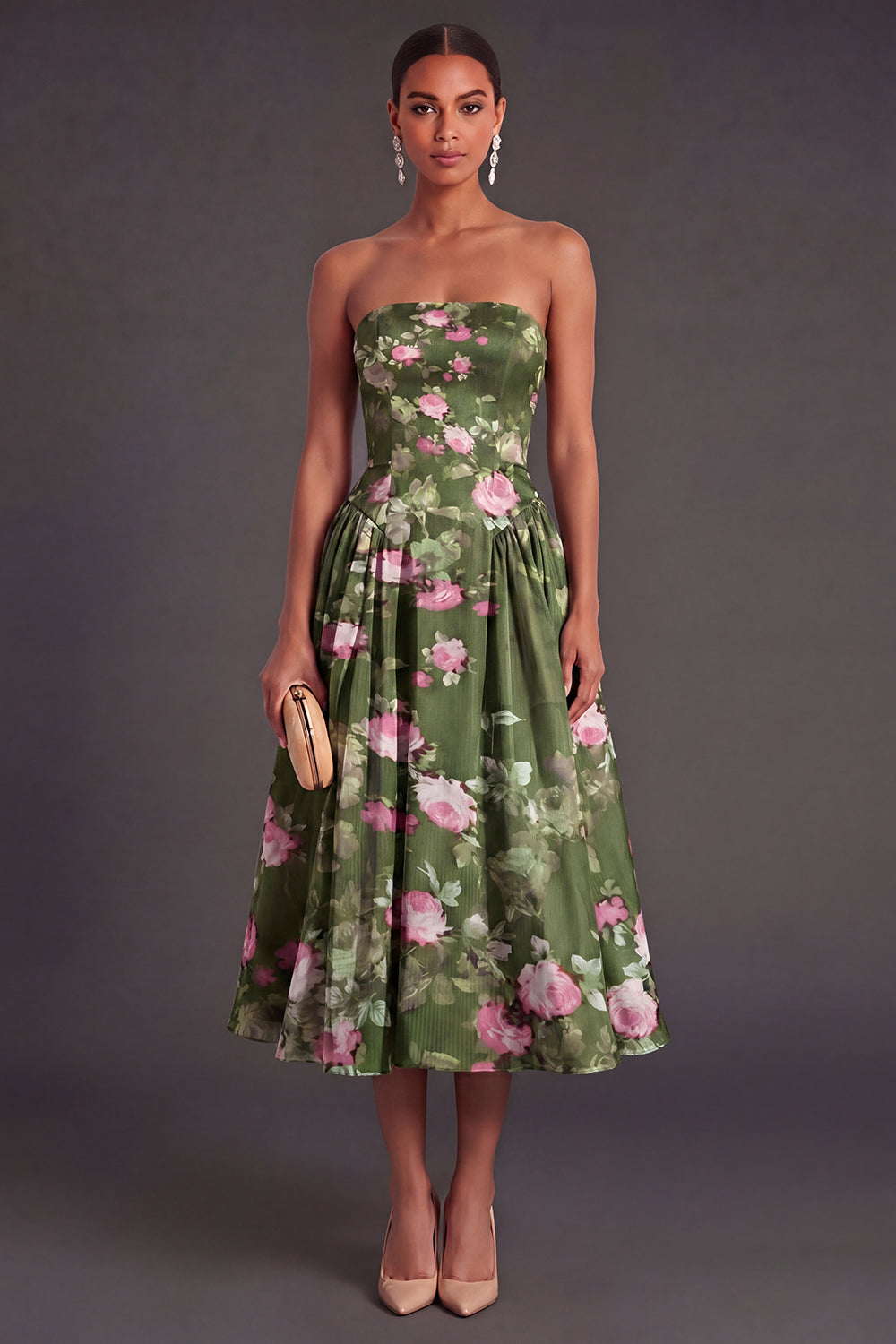 Strapless Floral Dark Green A Line Midi Summer Wedding Guest Dress