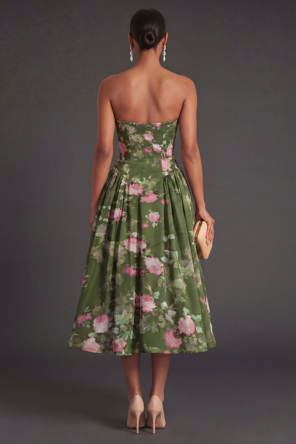 Strapless Floral Dark Green A Line Midi Summer Wedding Guest Dress