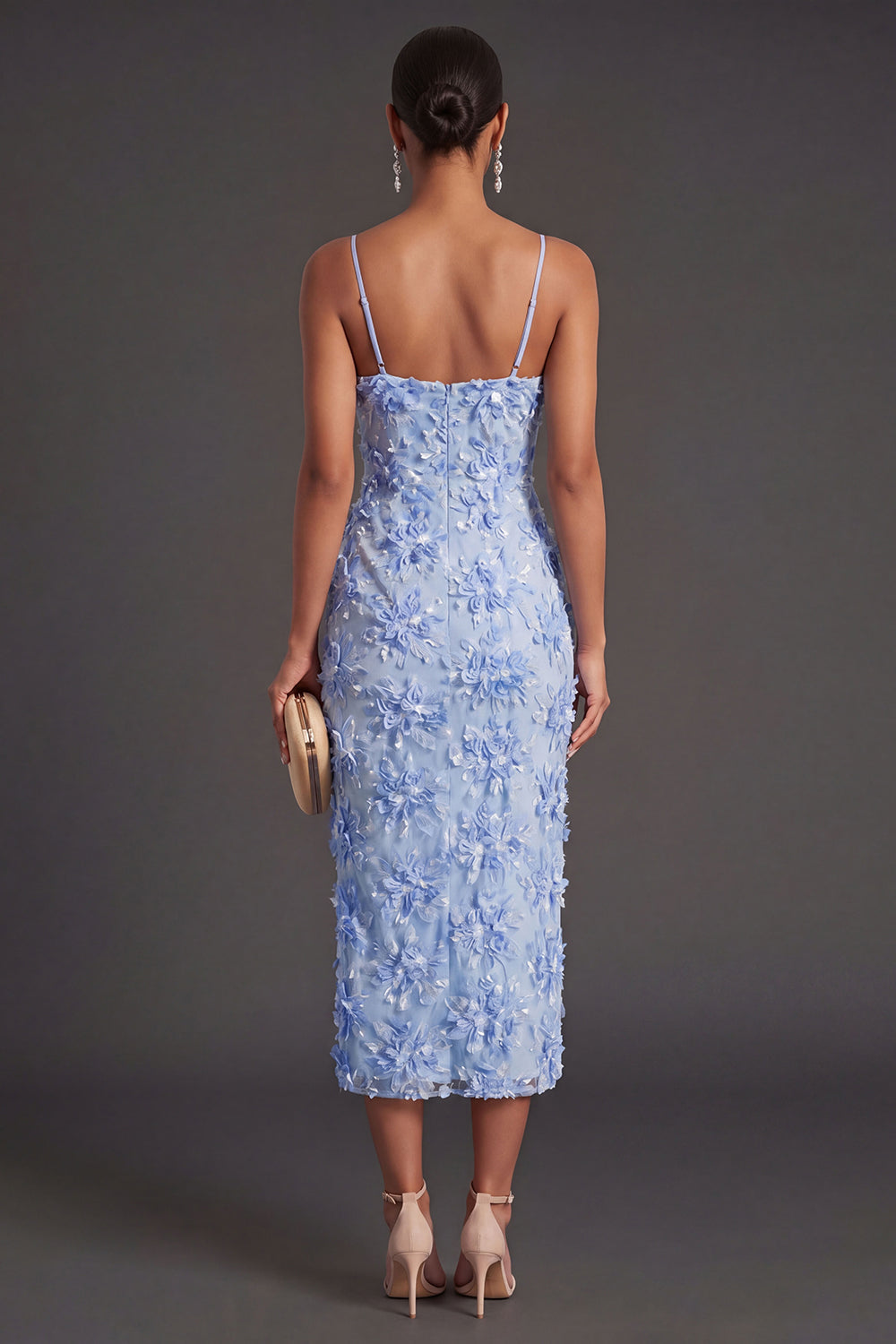 Blue Sheath Floral Long Summer Wedding Guest Dress with Slit