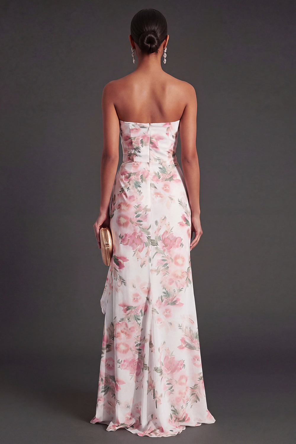 Pink Floral Mermaid Ruffled Long Wedding Guest Dress with Slit