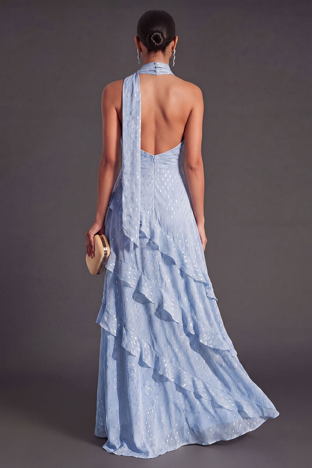 Blue A Line Halter Neck Tiered Ruffled Long Wedding Guest Dress
