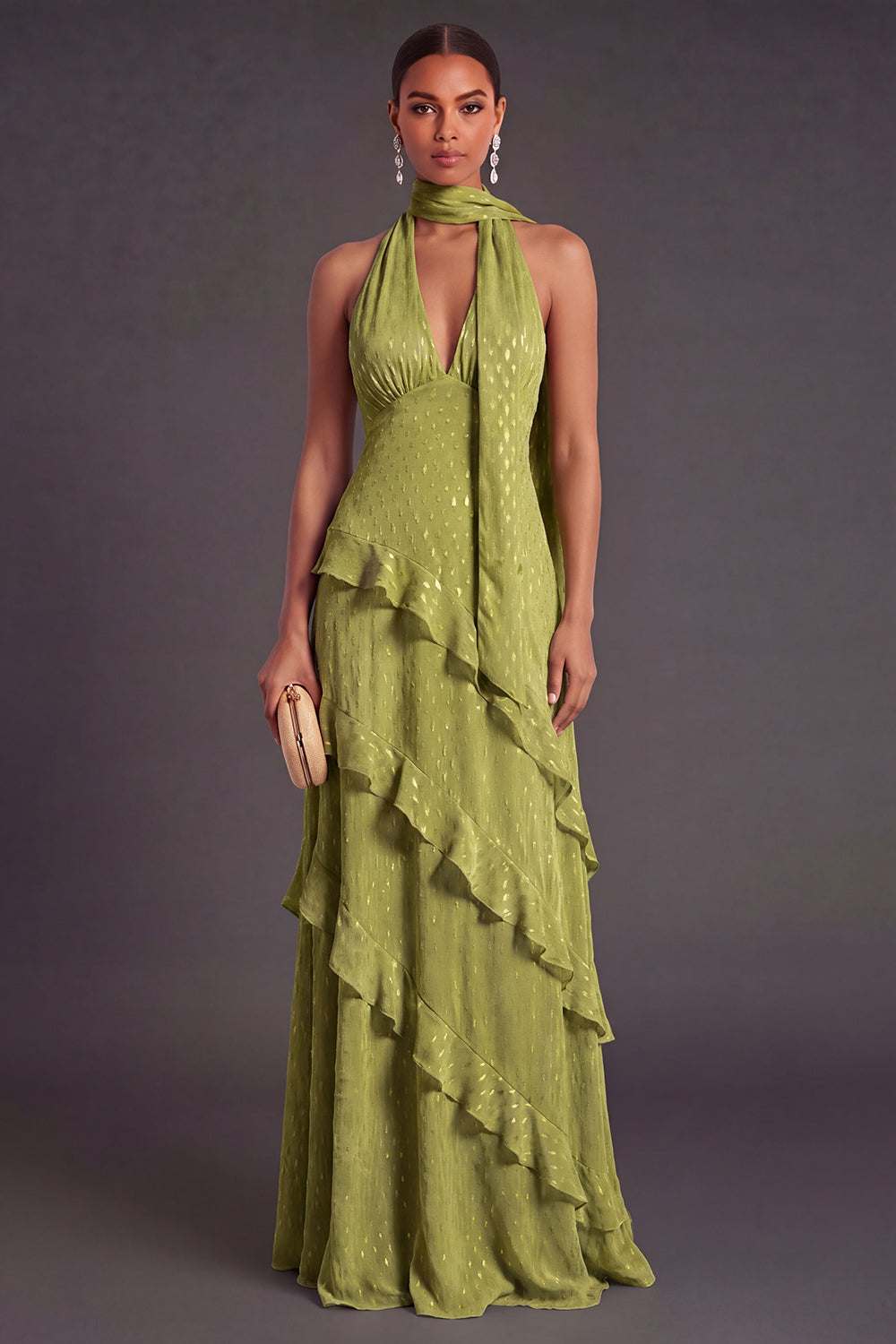 Leely Women Olive A Line Halter Neck Tiered Long Formal Wedding Guest Dress Backless Sleeveless Ruffled Gala Dress
