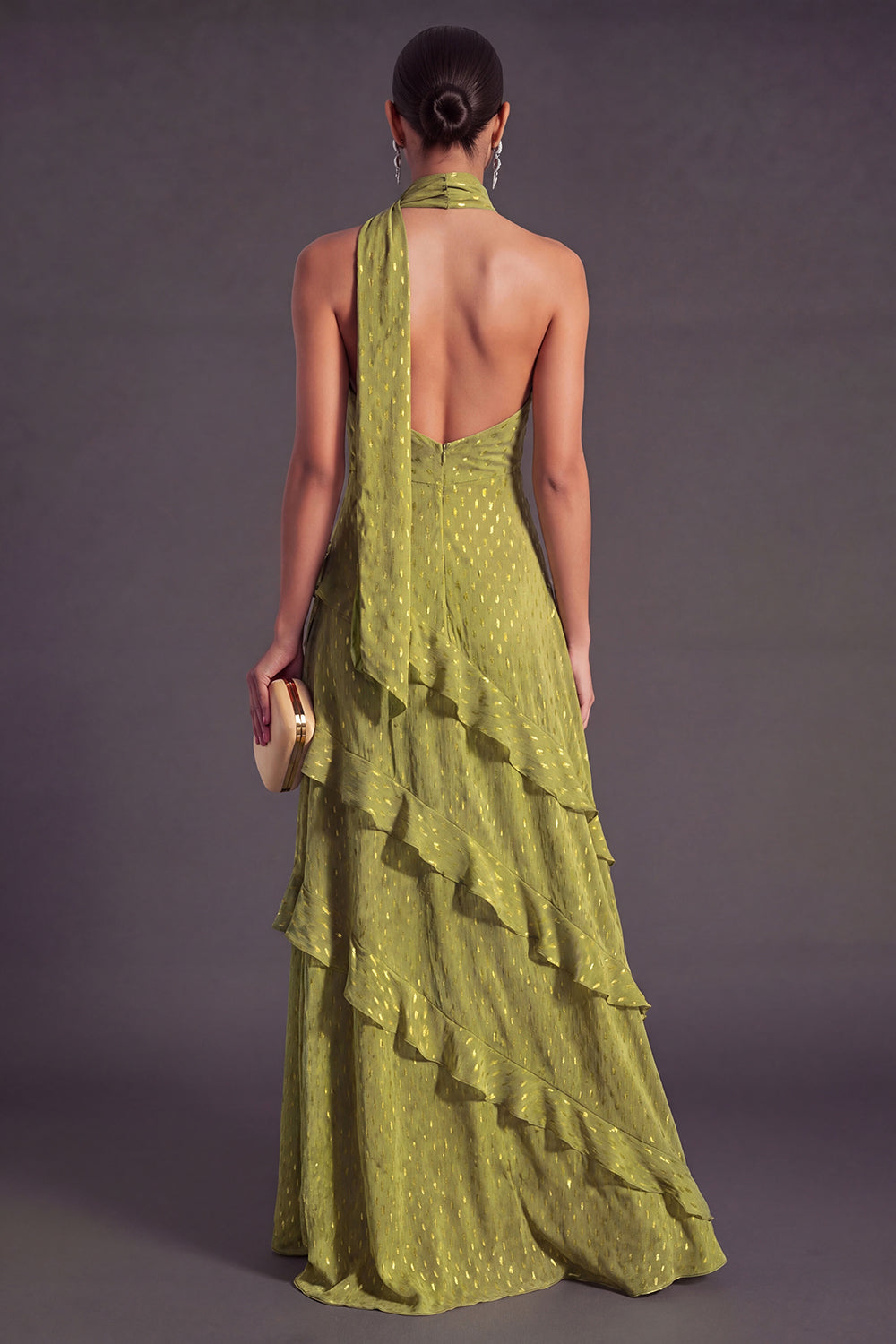 Leely Women Olive A Line Halter Neck Tiered Long Formal Wedding Guest Dress Backless Sleeveless Ruffled Gala Dress
