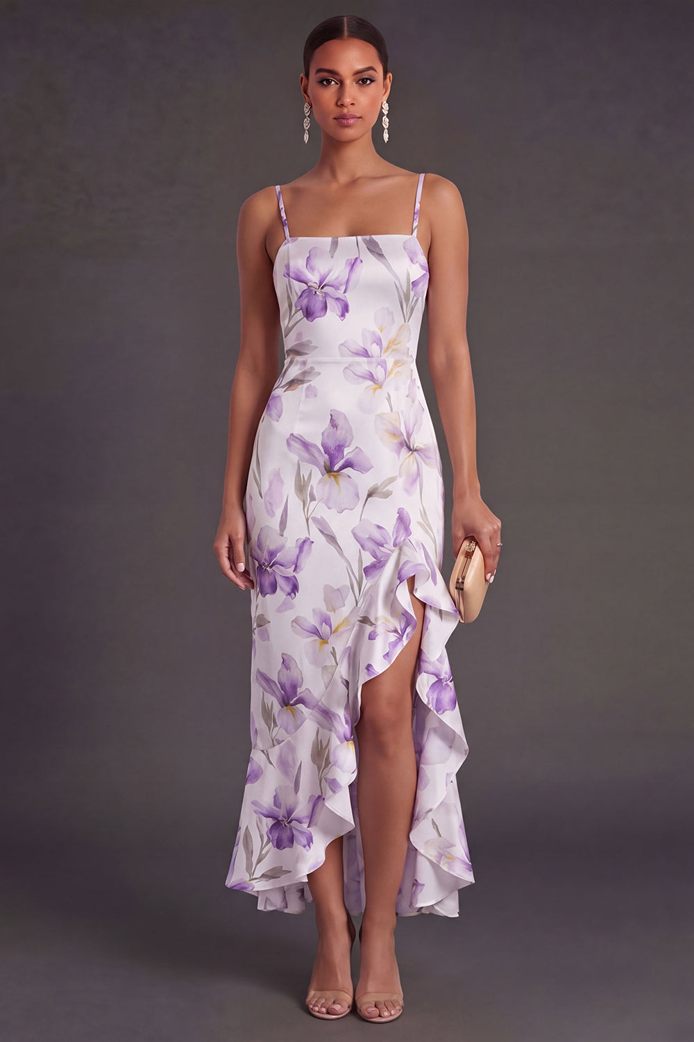 Leely Women Ruffled Lilac Floral Mermaid Long Wedding Guest Dress with Slit Spaghetti Straps Backless Sleeveless