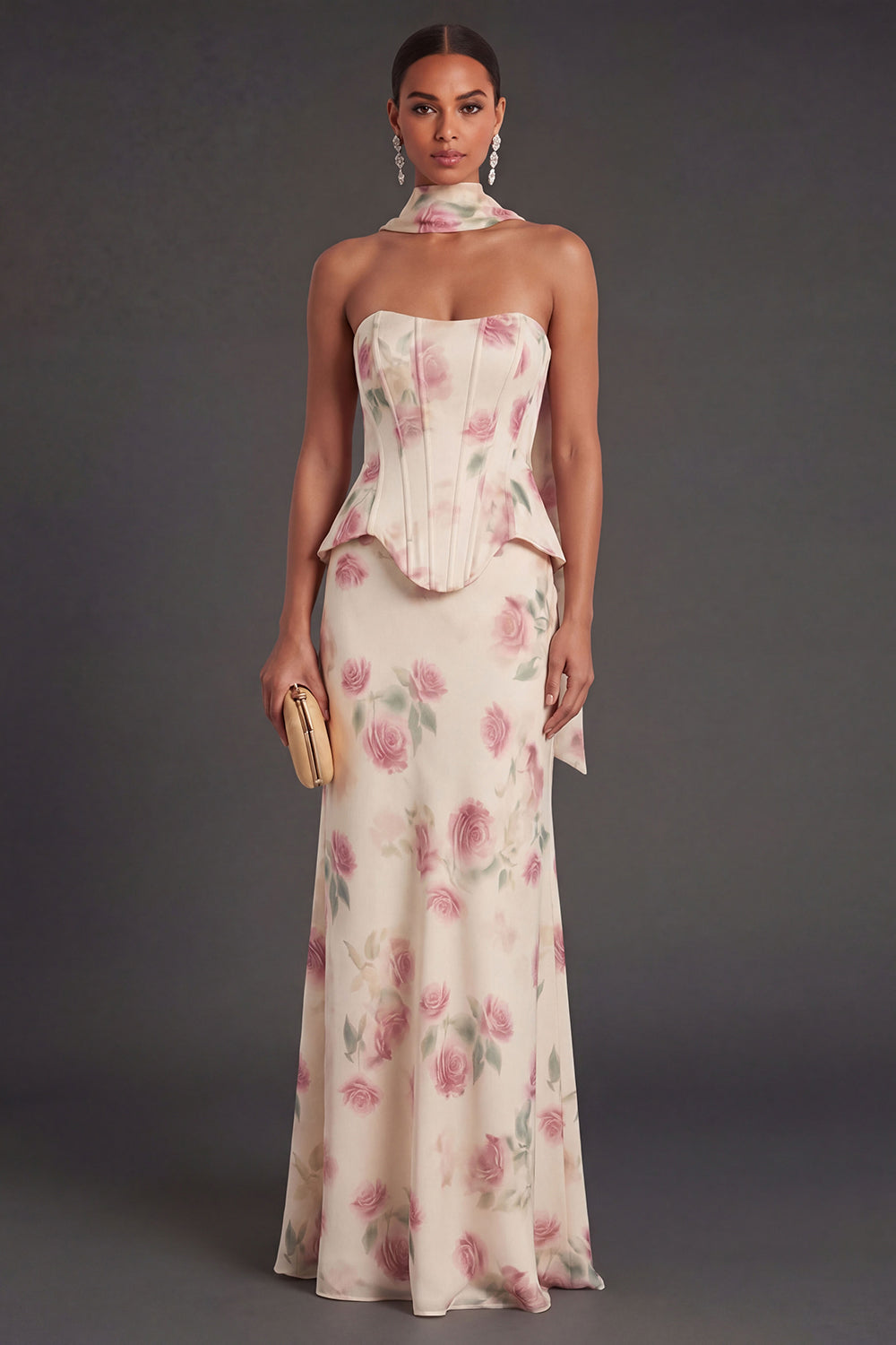 Leely Women Mermaid Apricot Corset Floral Long Wedding Guest Dress Strapless Backless Sleeveless Formal Dress