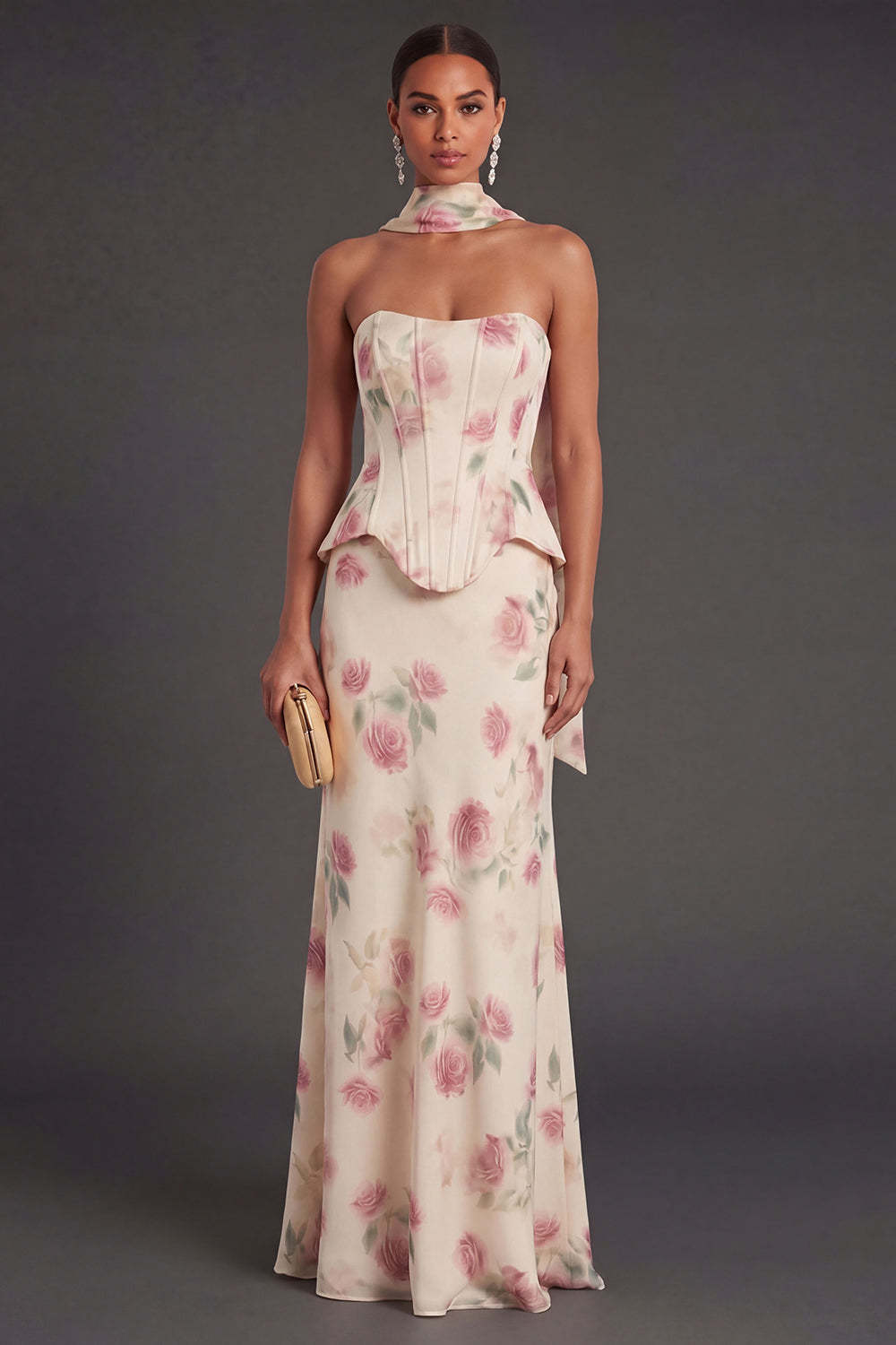 Leely Women Mermaid Apricot Corset Floral Long Wedding Guest Dress Strapless Backless Sleeveless Formal Dress