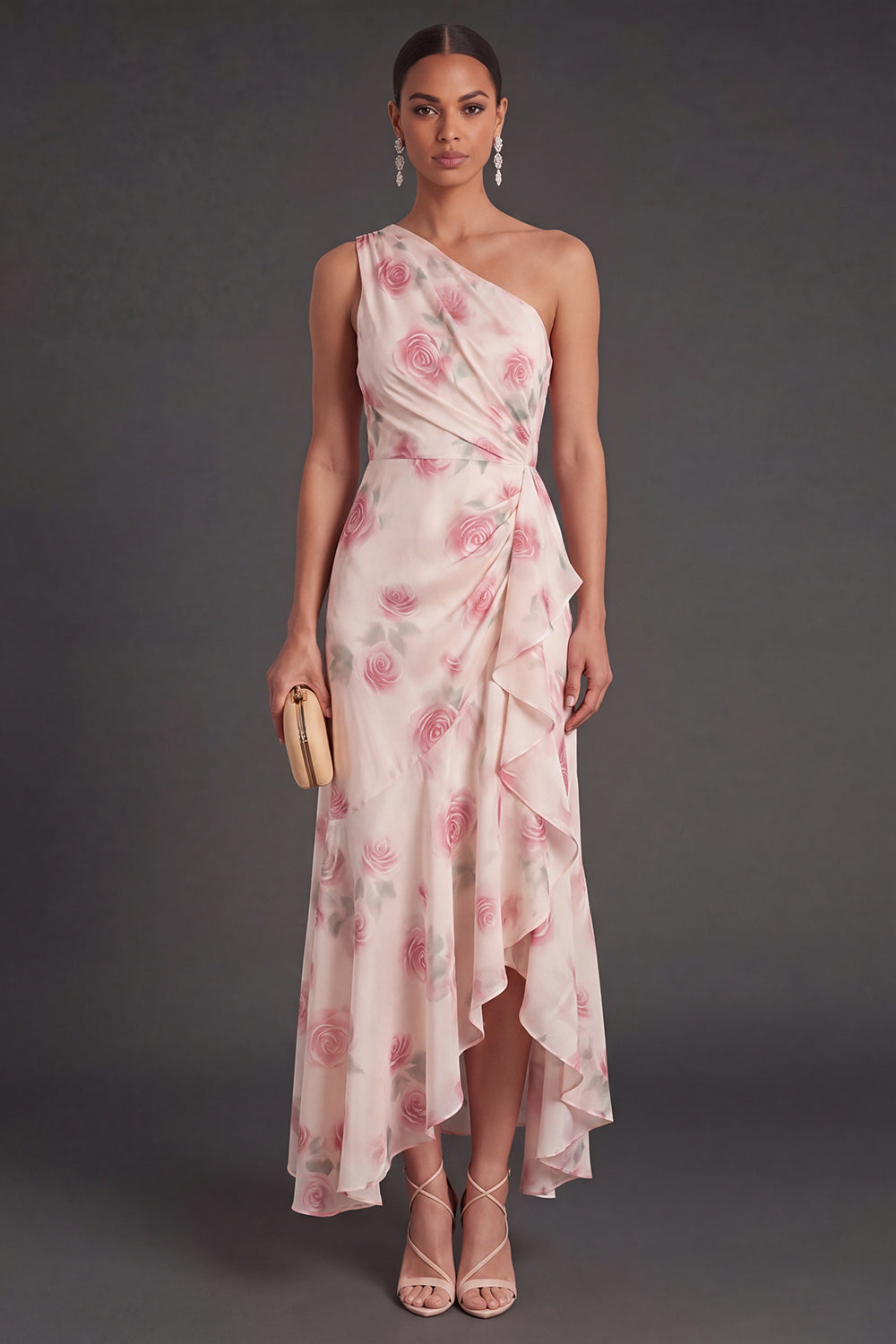 Apricot Floral Ruffled A Line High Low Wedding Guest Dress