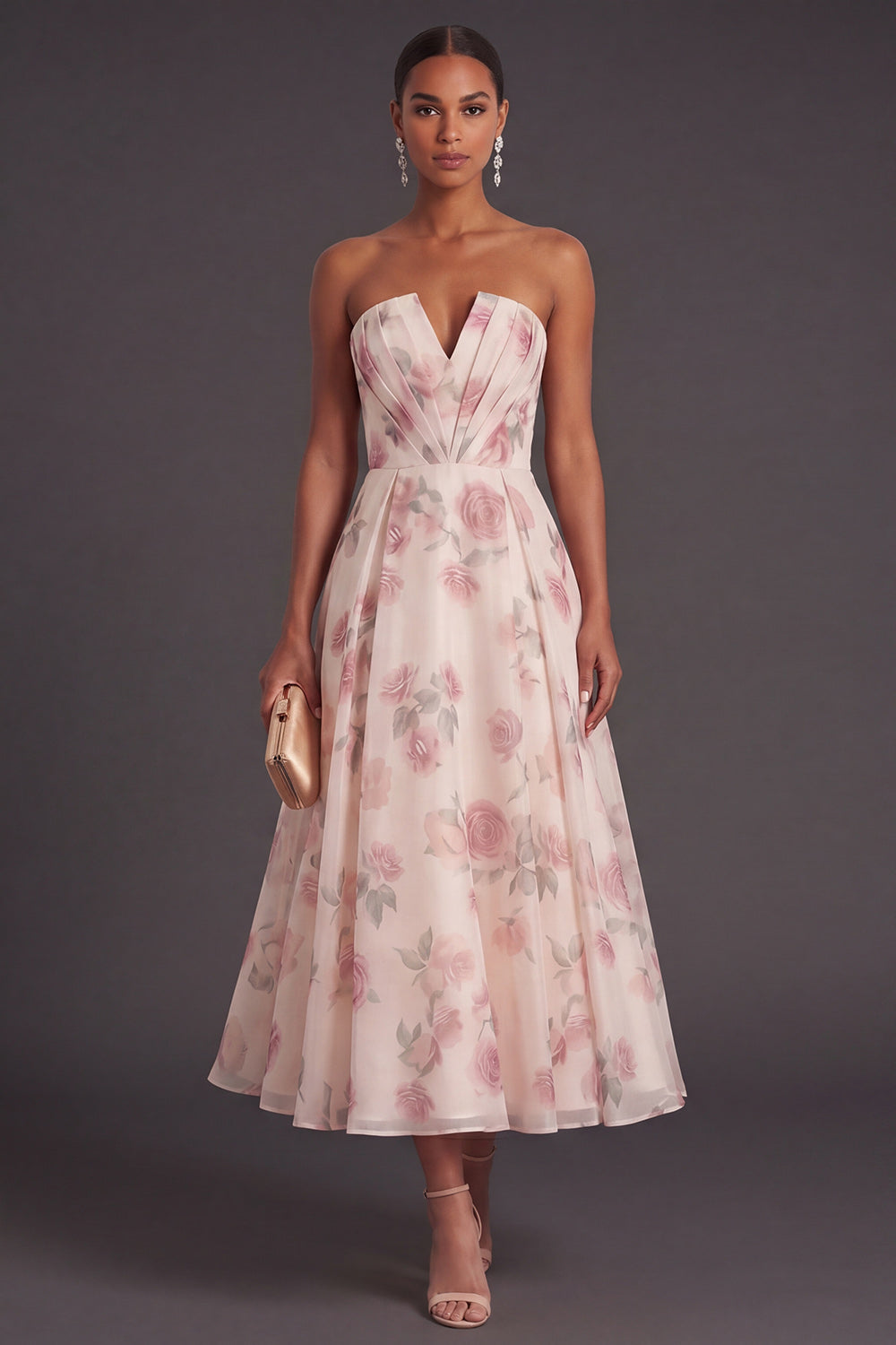 Apricot Floral Strapless A Line Long Wedding Guest Dress