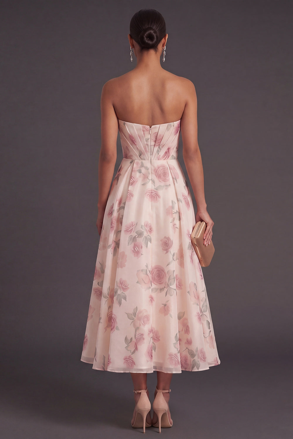 Apricot Floral Strapless A Line Long Wedding Guest Dress