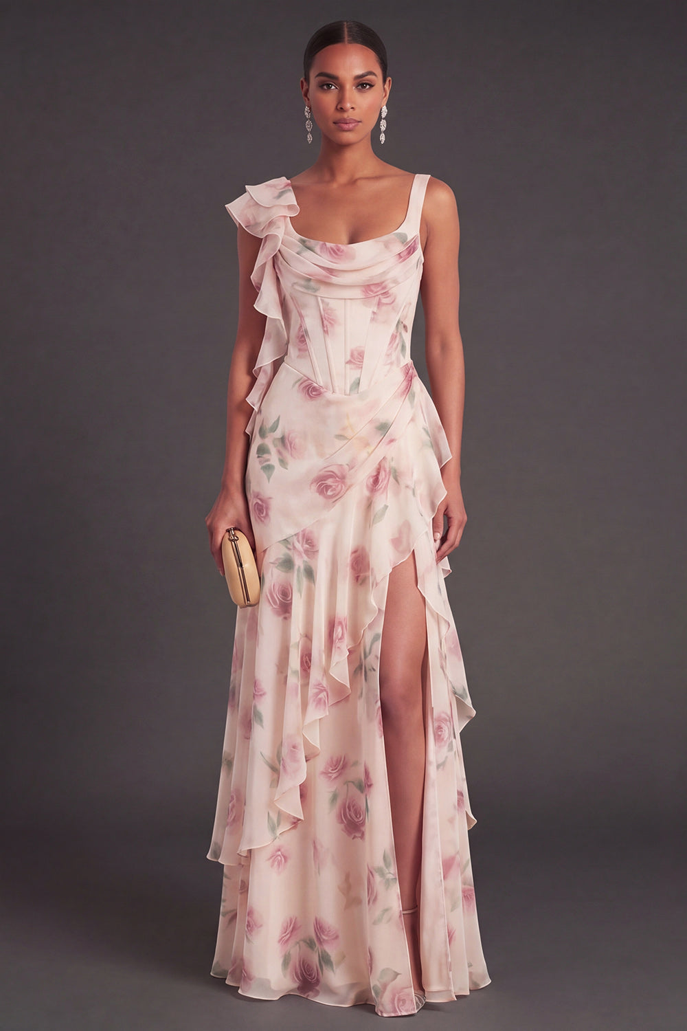 Ruffled Floral A Line Apricot Corset Long Wedding Guest Dress with Slit
