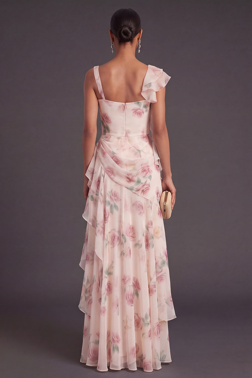 Ruffled Floral A Line Apricot Corset Long Wedding Guest Dress with Slit