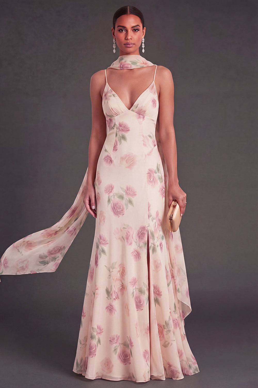 A Line Spaghetti Straps Apricot Floral Long Wedding Guest Dress with Slit