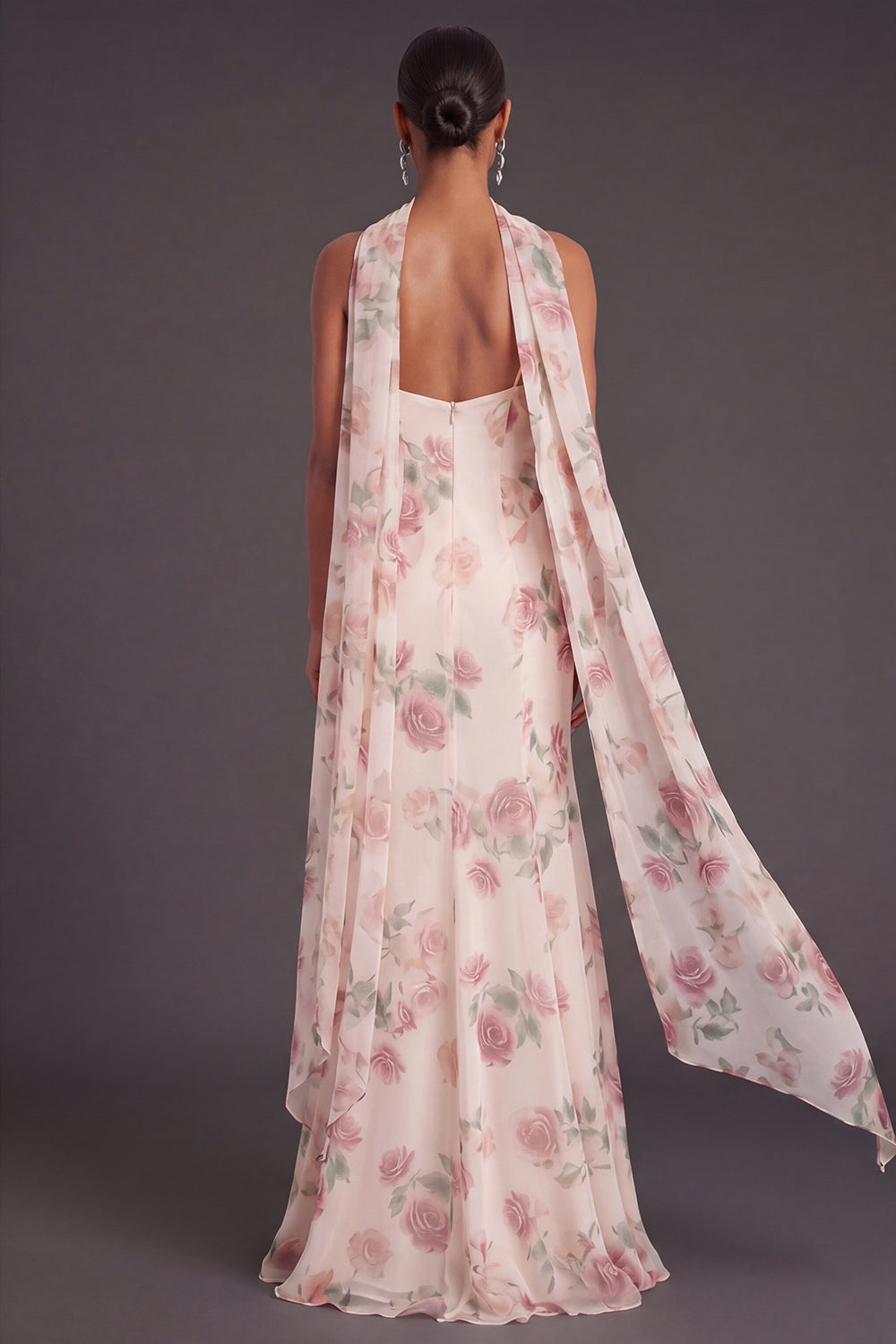 A Line Spaghetti Straps Apricot Floral Long Wedding Guest Dress with Slit