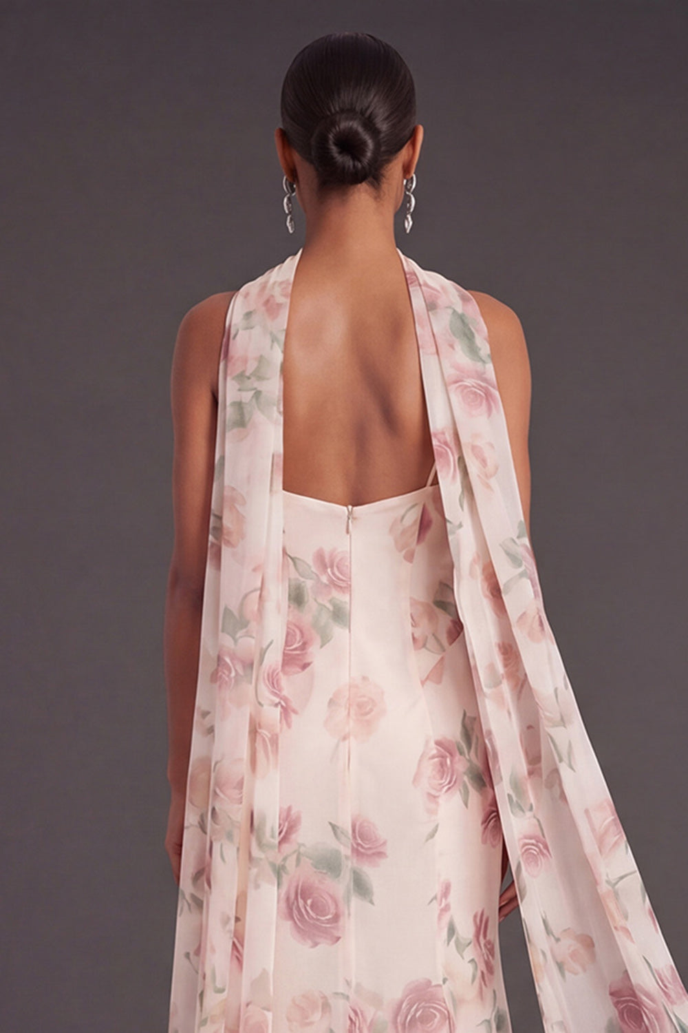 A Line Spaghetti Straps Apricot Floral Long Wedding Guest Dress with Slit