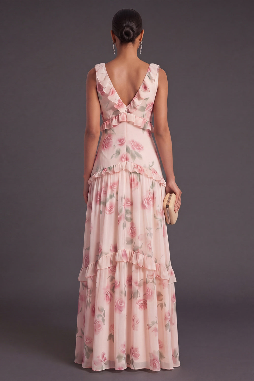 V Neck Apricot Floral Tiered Long Wedding Guest Dress