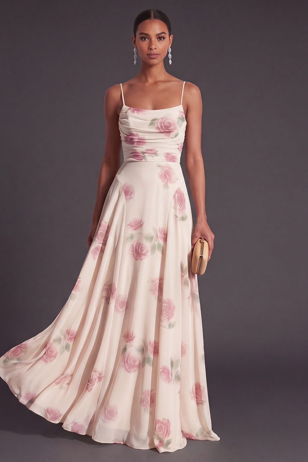Floral Apricot A Line Spaghetti Straps Long Wedding Guest Dress