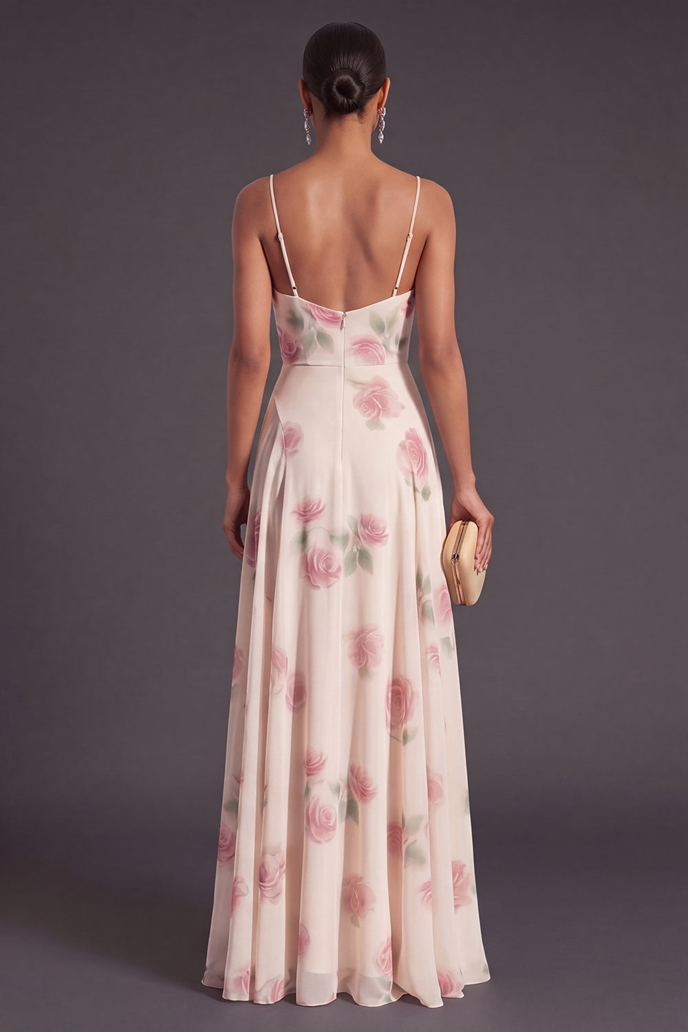 Floral Apricot A Line Spaghetti Straps Long Wedding Guest Dress