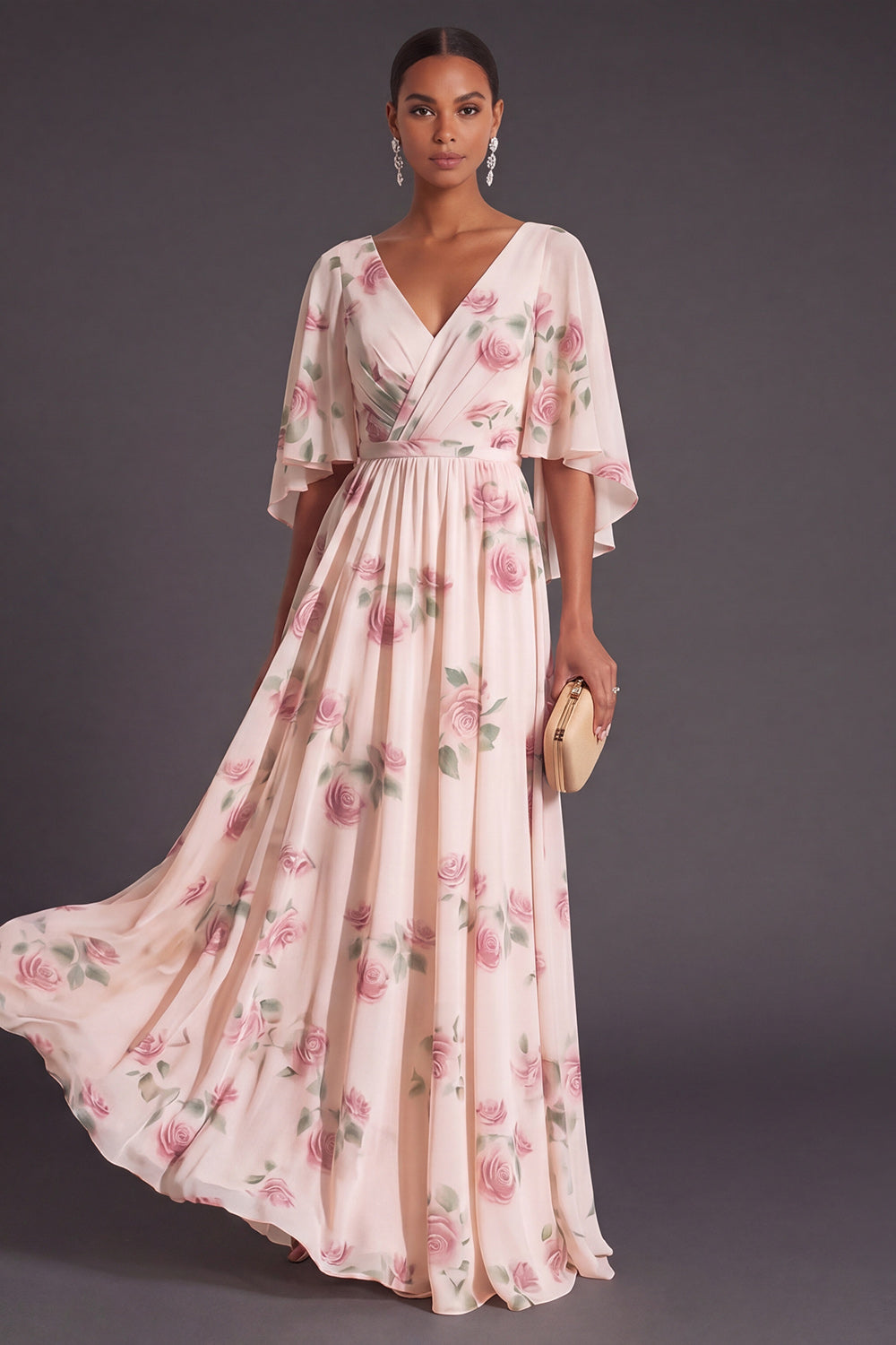 Apricot Floral A Line Flutter Sleeves Long Wedding Guest Dress