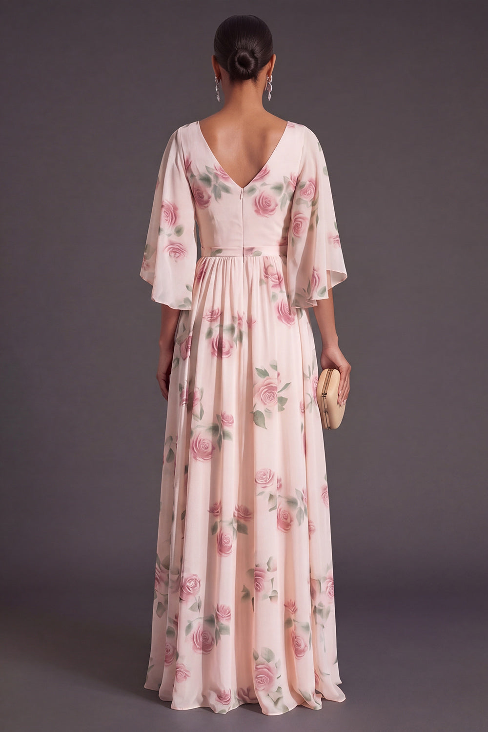 Apricot Floral A Line Flutter Sleeves Long Wedding Guest Dress