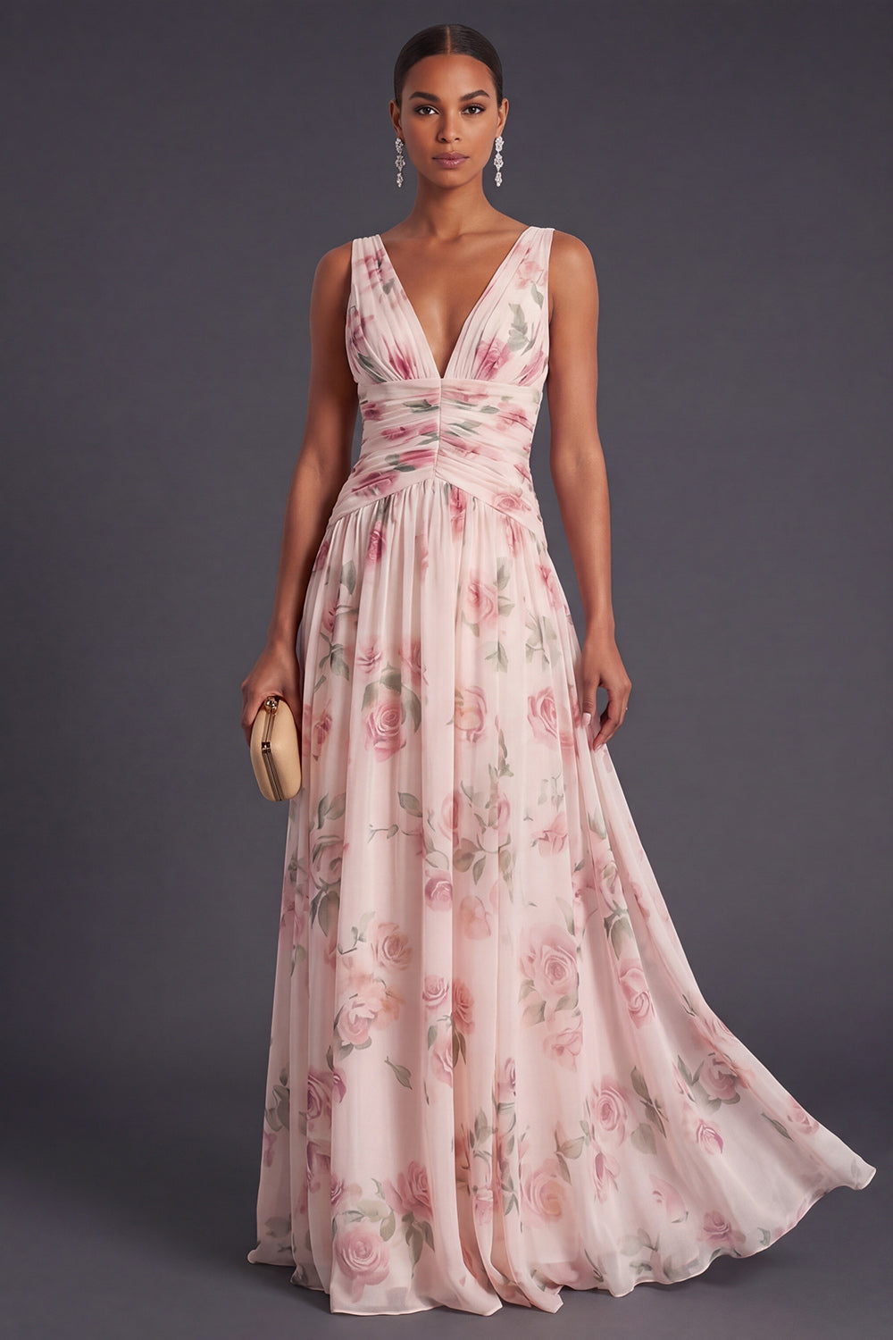 V Neck A Line Apricot Floral Long Wedding Guest Dress