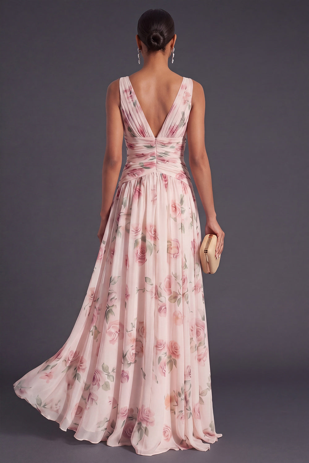 V Neck A Line Apricot Floral Long Wedding Guest Dress