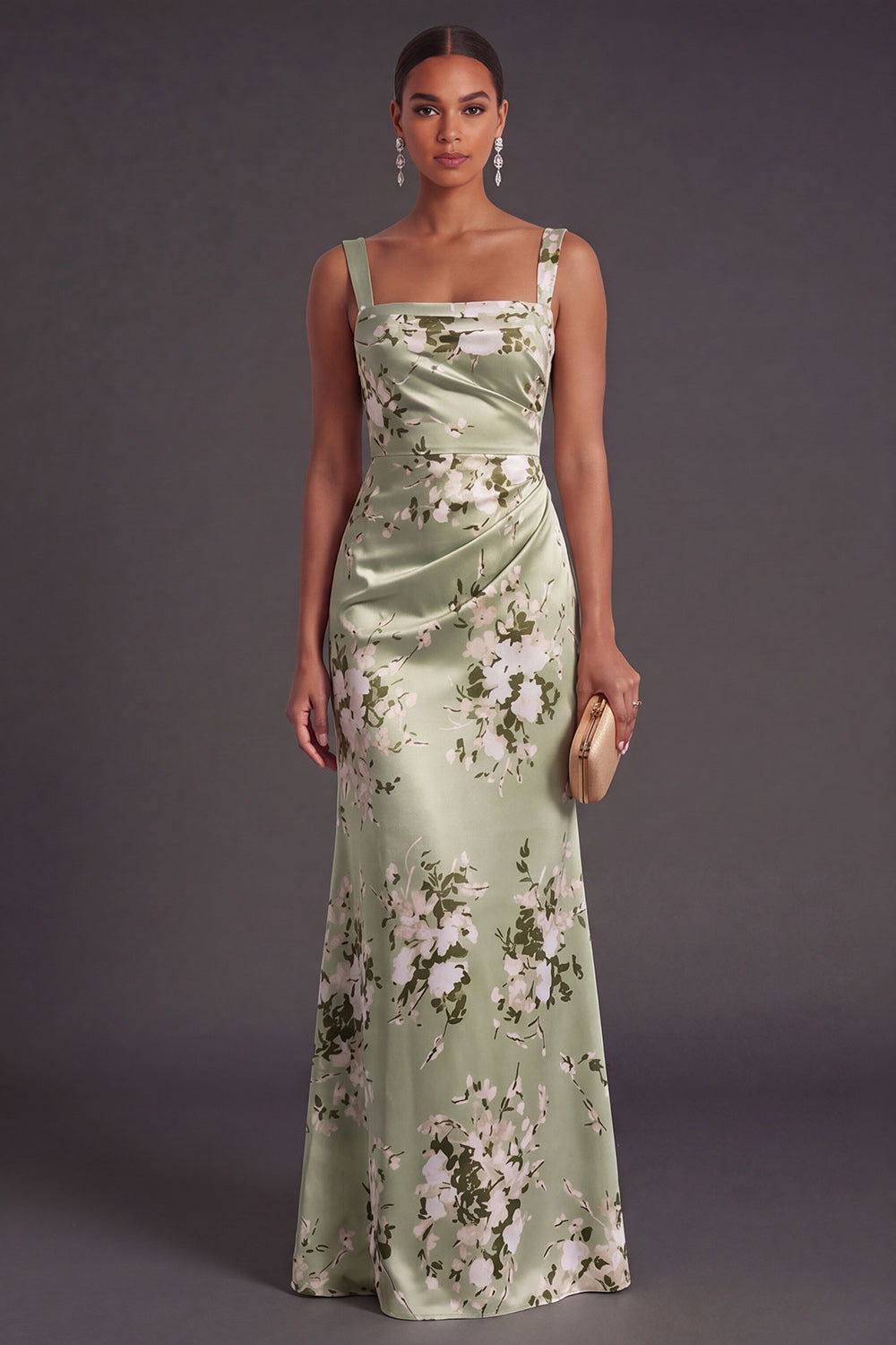 Floral Mermaid Ruched Thick Straps Long Wedding Guest Dress