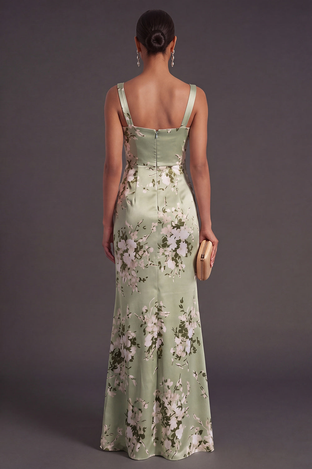 Floral Mermaid Ruched Thick Straps Long Wedding Guest Dress