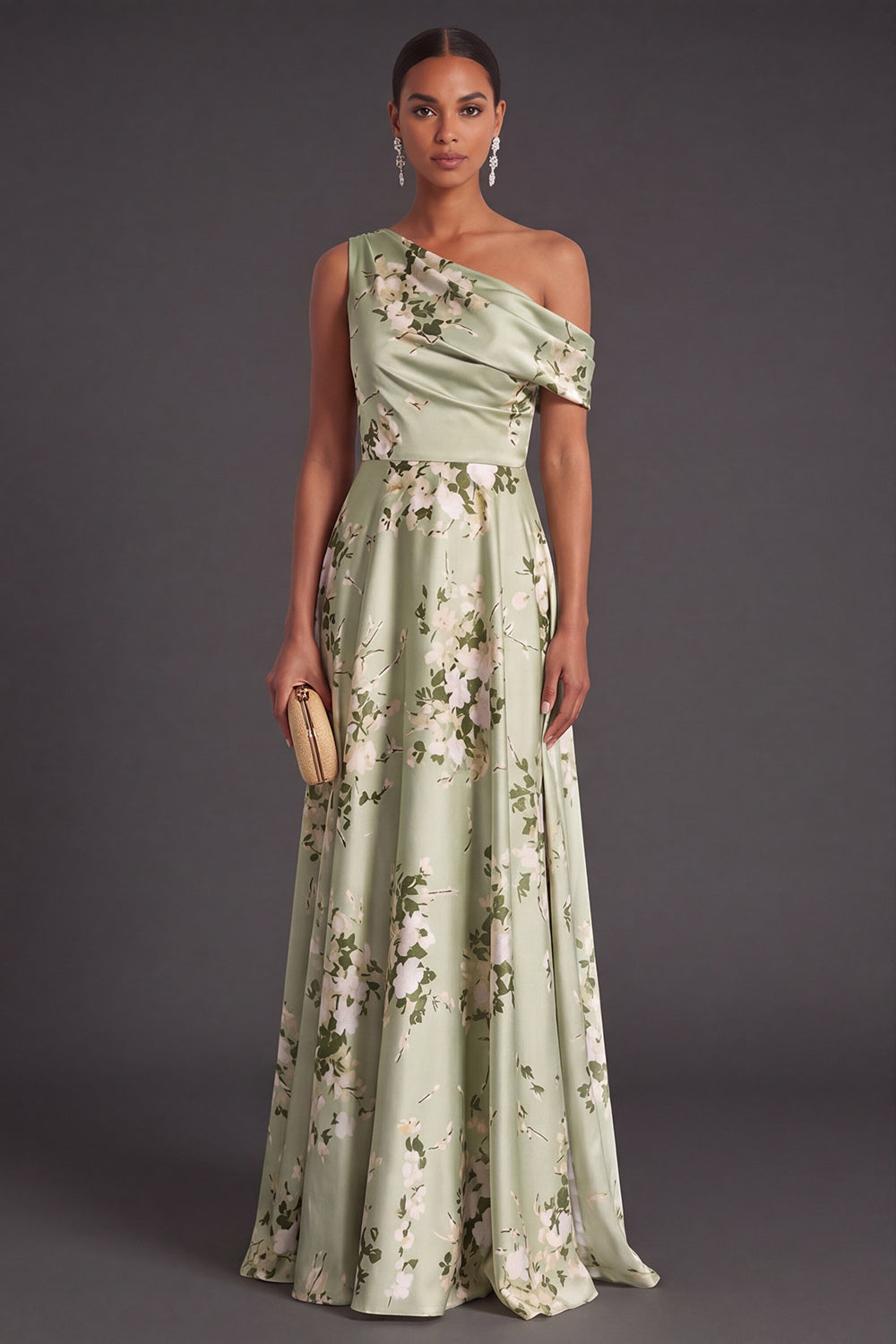 Sage Green Floral A Line One Shoulder Long Wedding Guest Dress