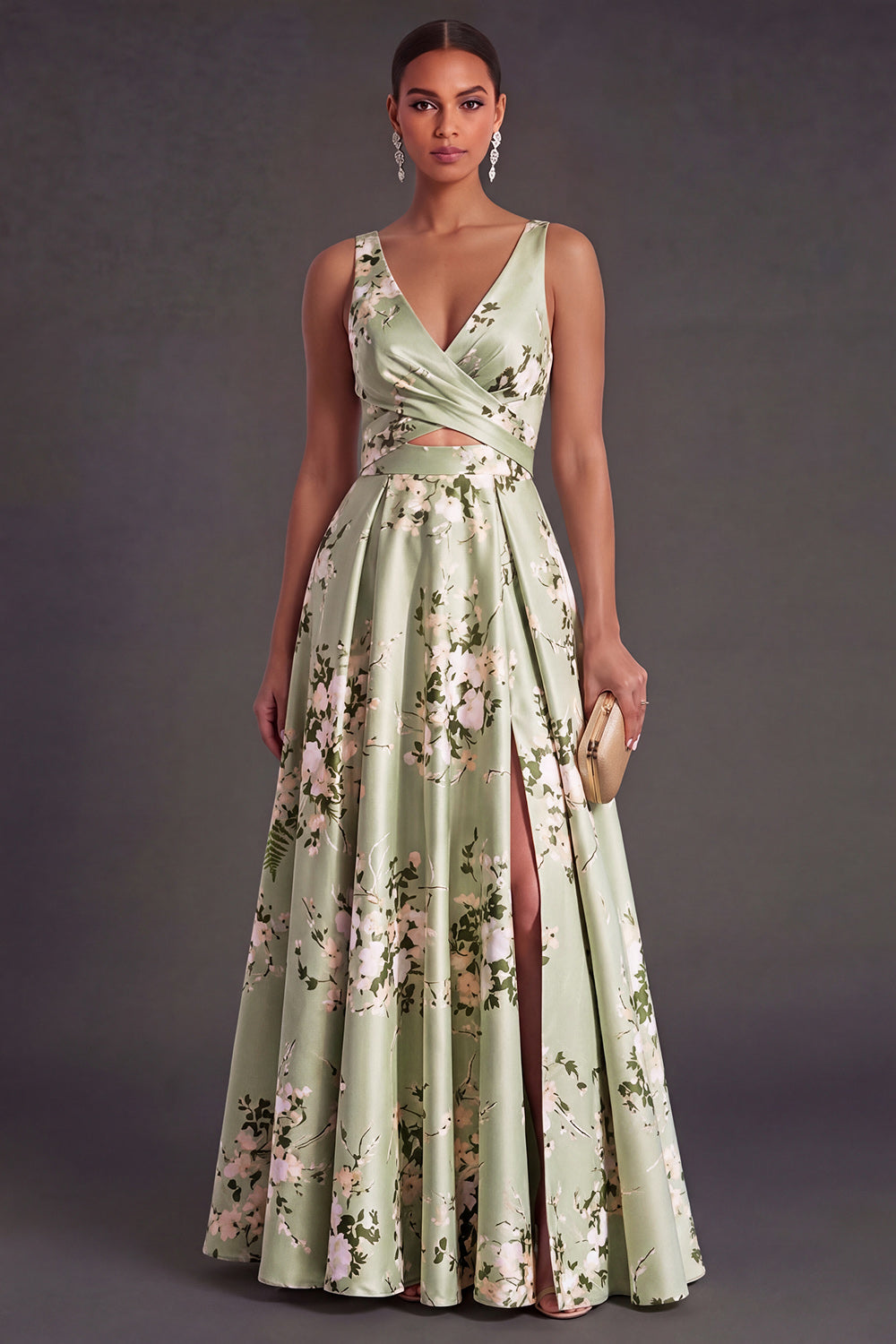 Sage Green Satin Floral A Line Long Wedding Guest Dress with Slit