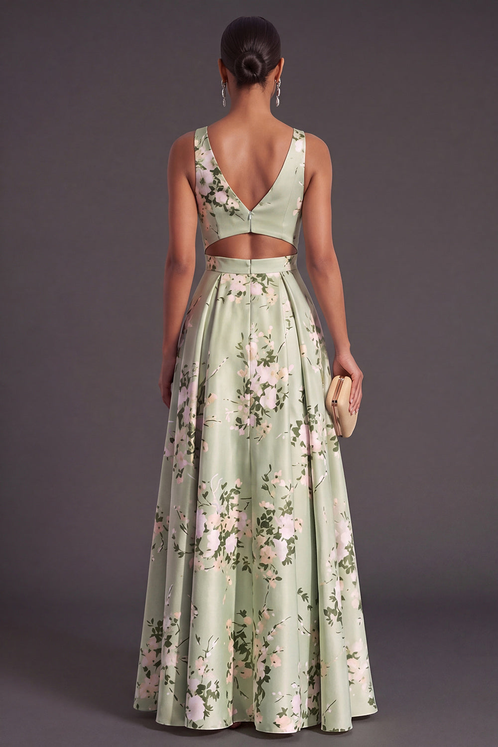 Sage Green Satin Floral A Line Long Wedding Guest Dress with Slit