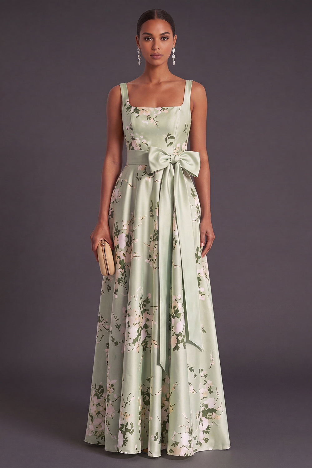 Thick Straps Sage Green Satin Floral Long Wedding Guest Dress