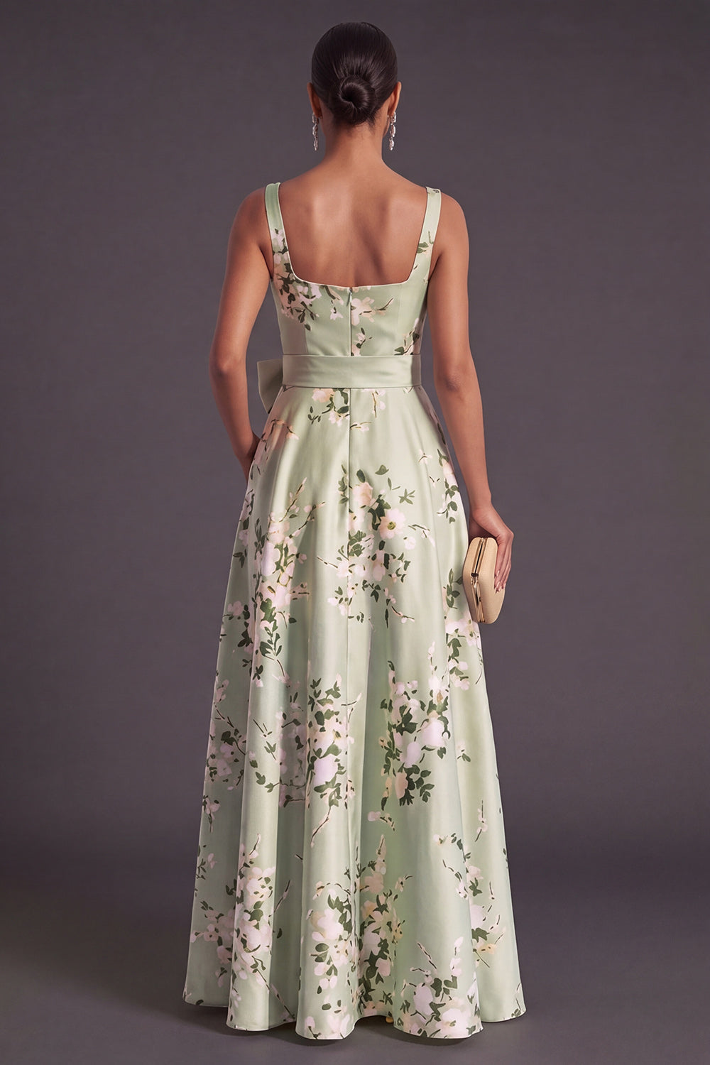 Thick Straps Sage Green Satin Floral Long Wedding Guest Dress
