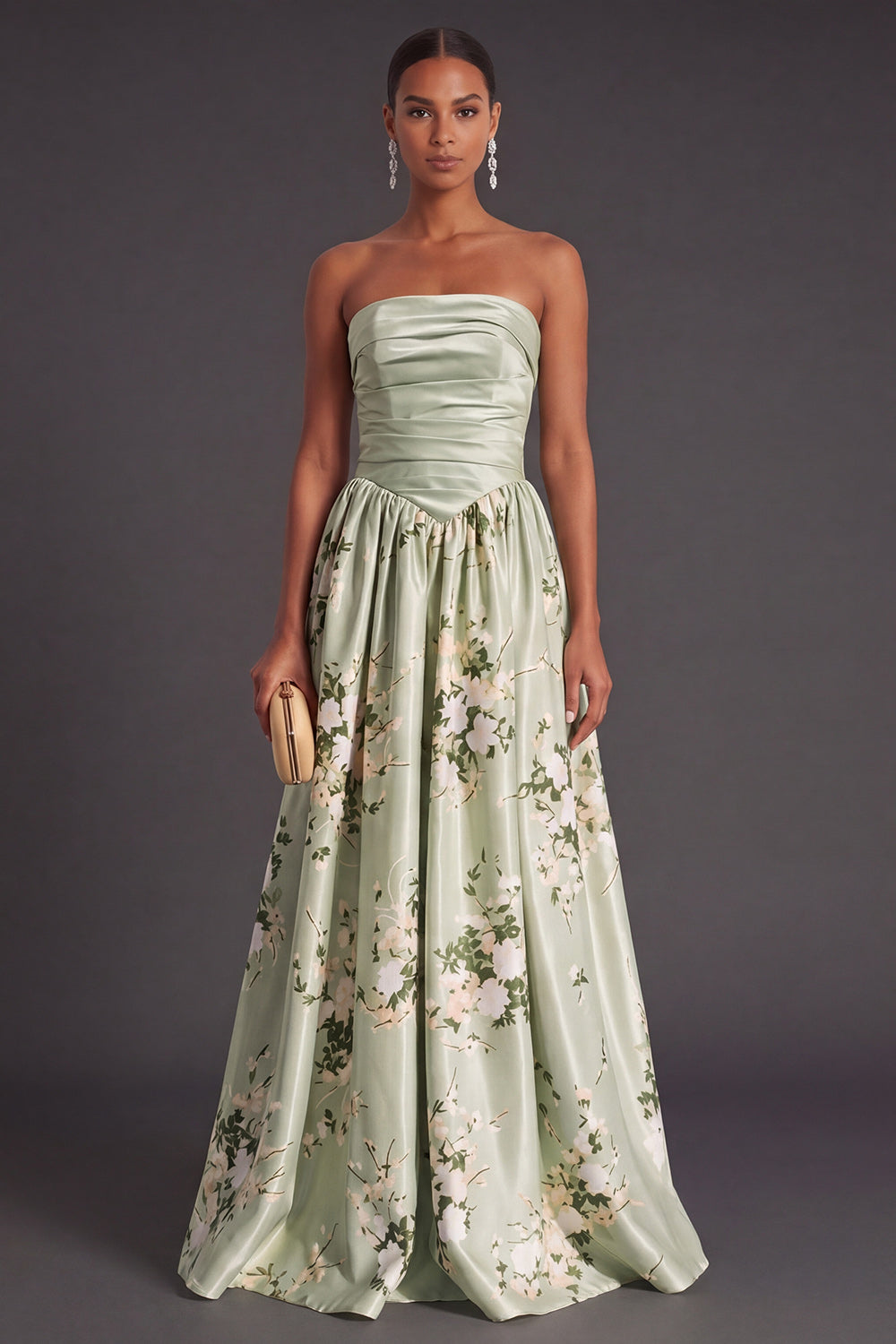 A Line Strapless Sage Green Floral Long Wedding Guest Dress