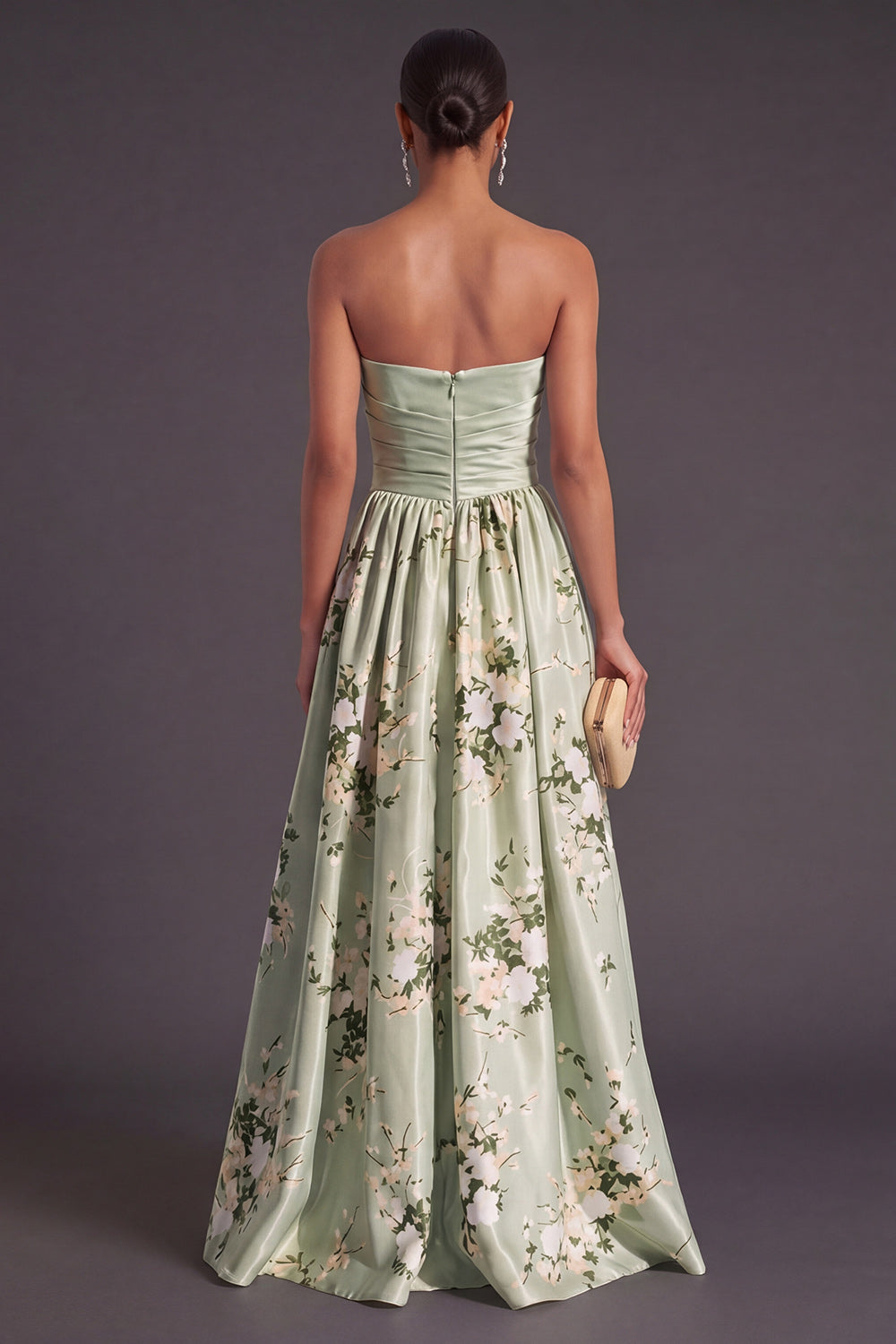 A Line Strapless Sage Green Floral Long Wedding Guest Dress