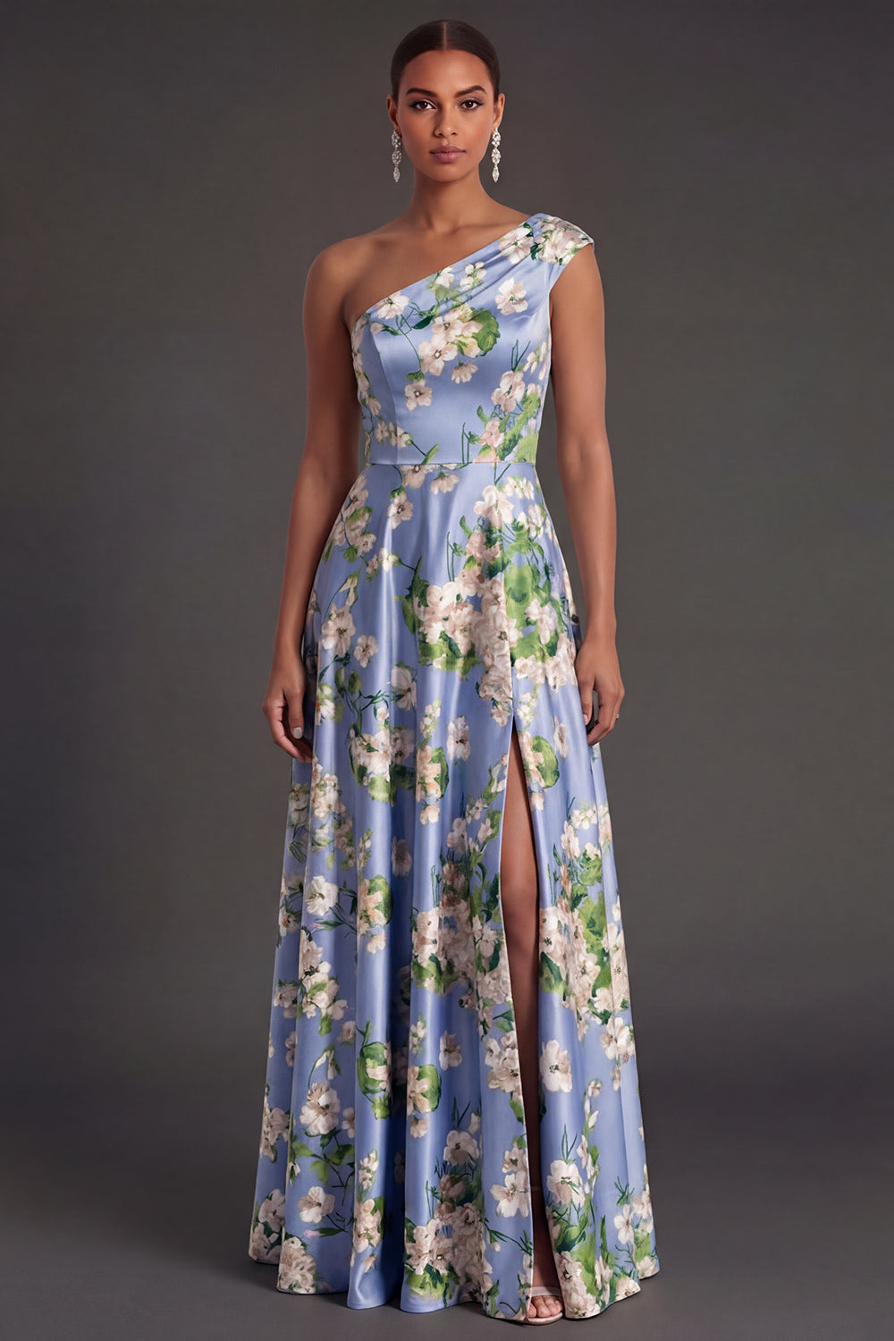 Blue Satin A Line Floral One Shoulder Long Bridesmaid Dress with Slit