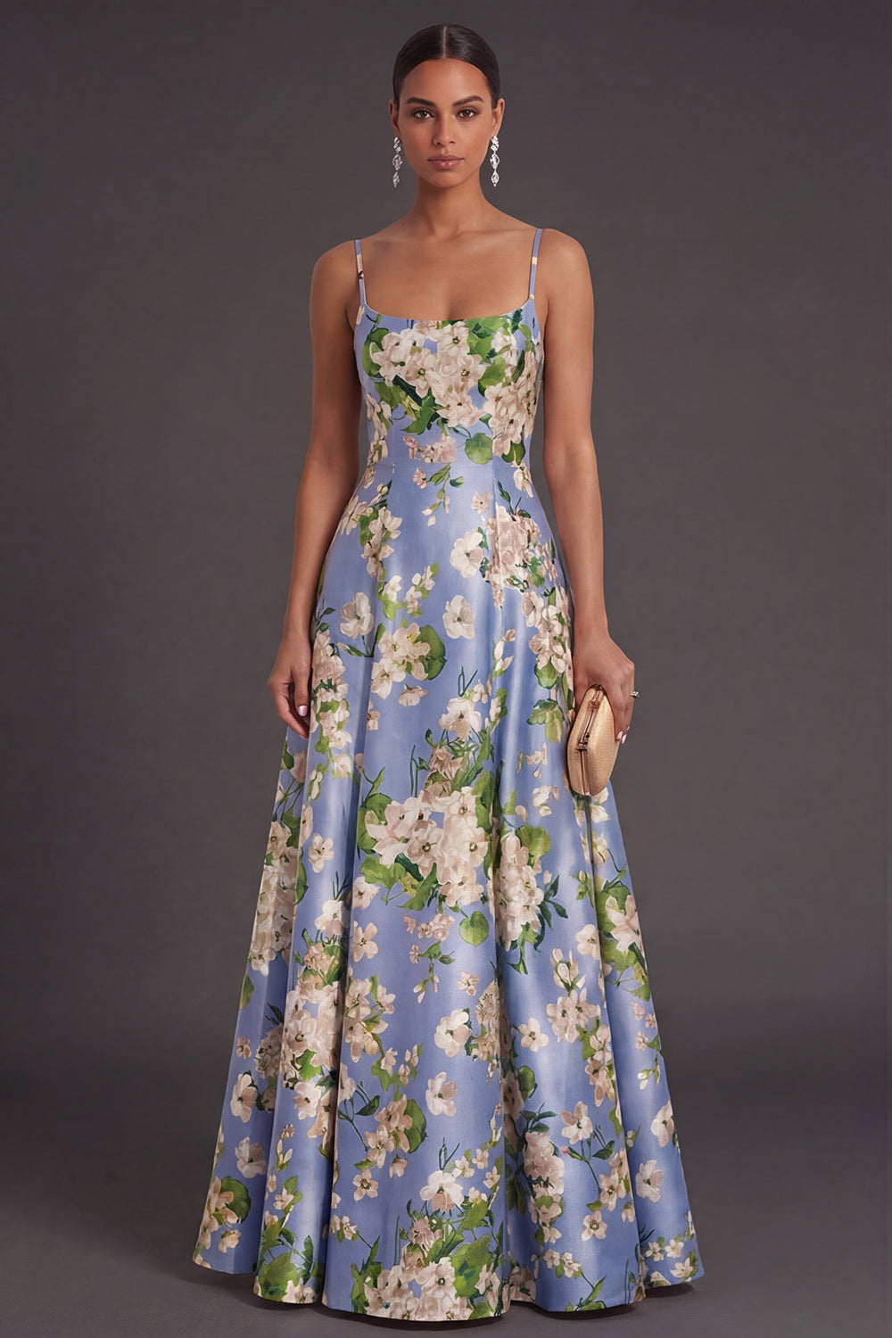 Blue Satin A Line Floral Spaghetti Straps Long Bridesmaid Dress