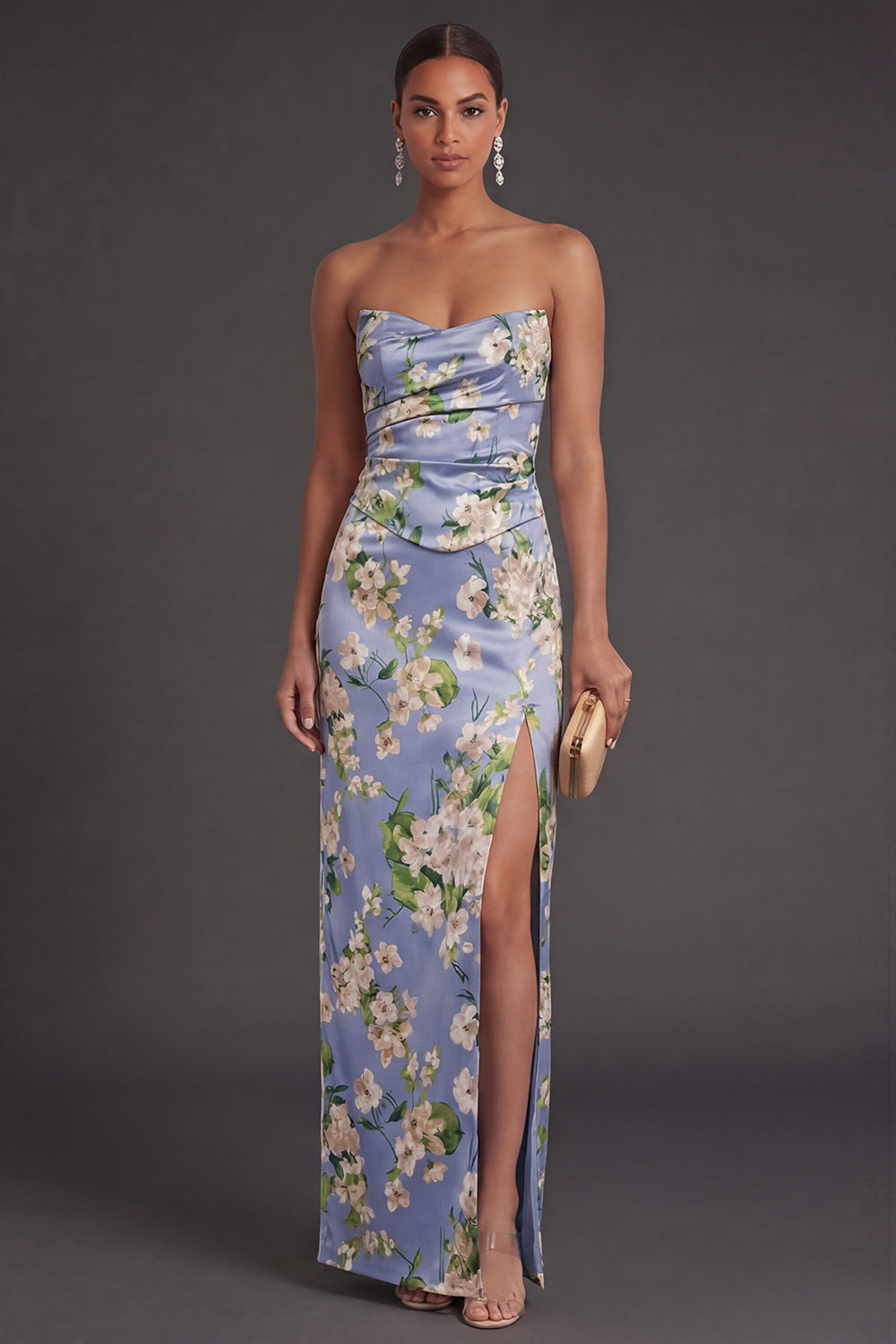 Sheath Blue Flora High Waist Long Bridesmaid Dress with Slit