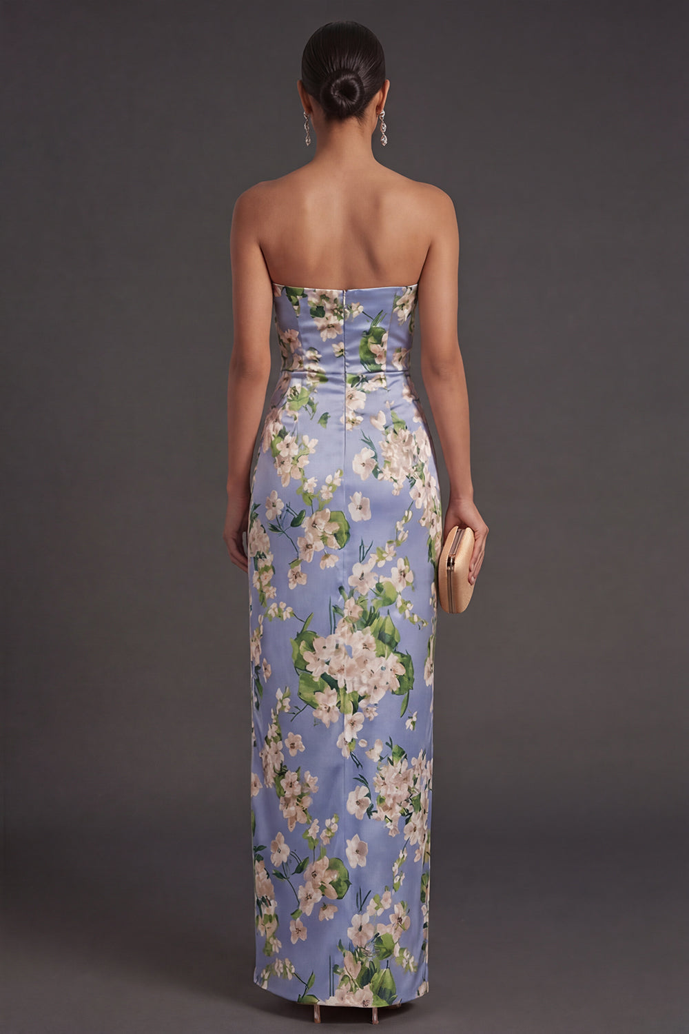 Sheath Blue Flora High Waist Long Bridesmaid Dress with Slit