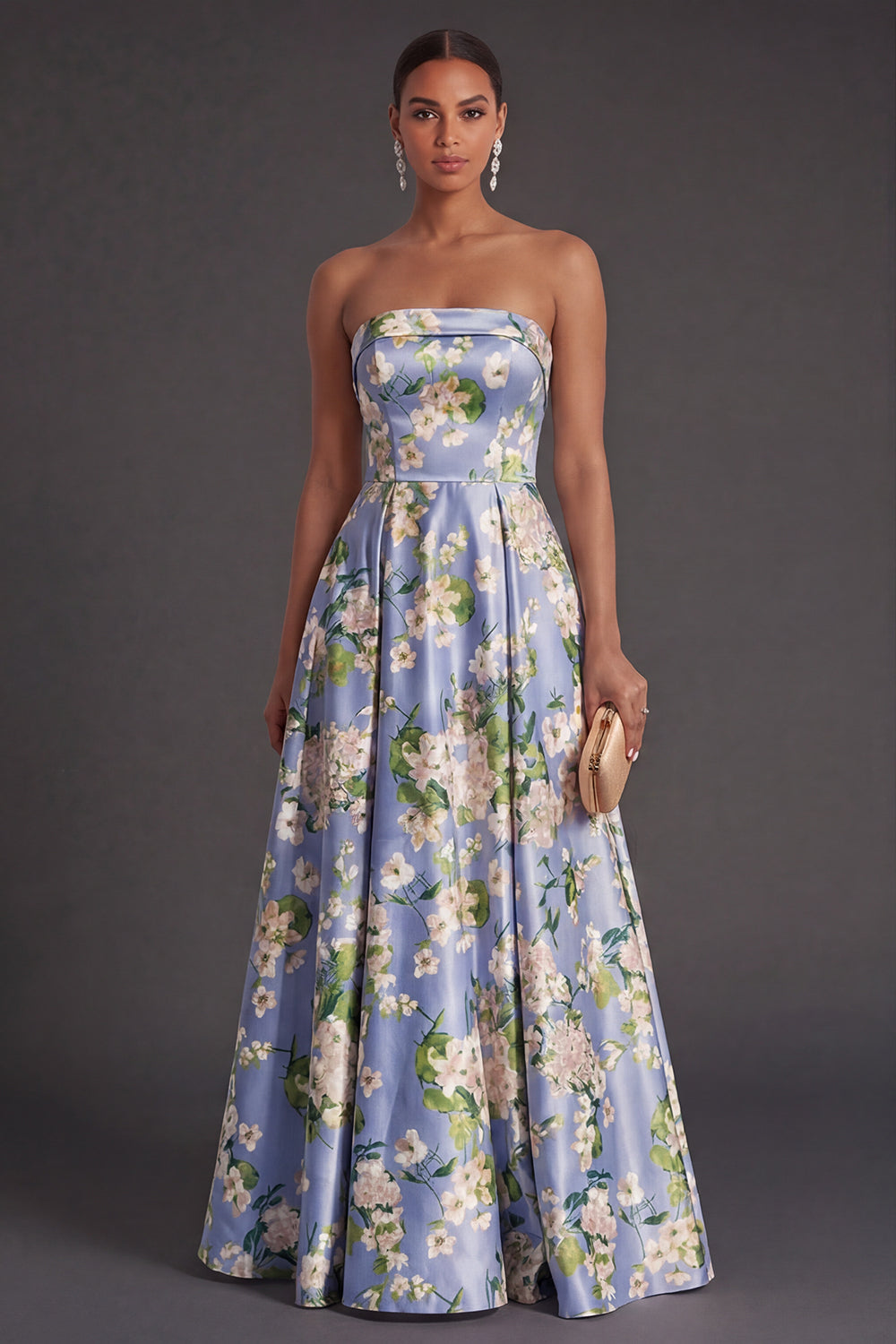 A Line Satin Floral Blue Strapless Long Bridesmaid Dress