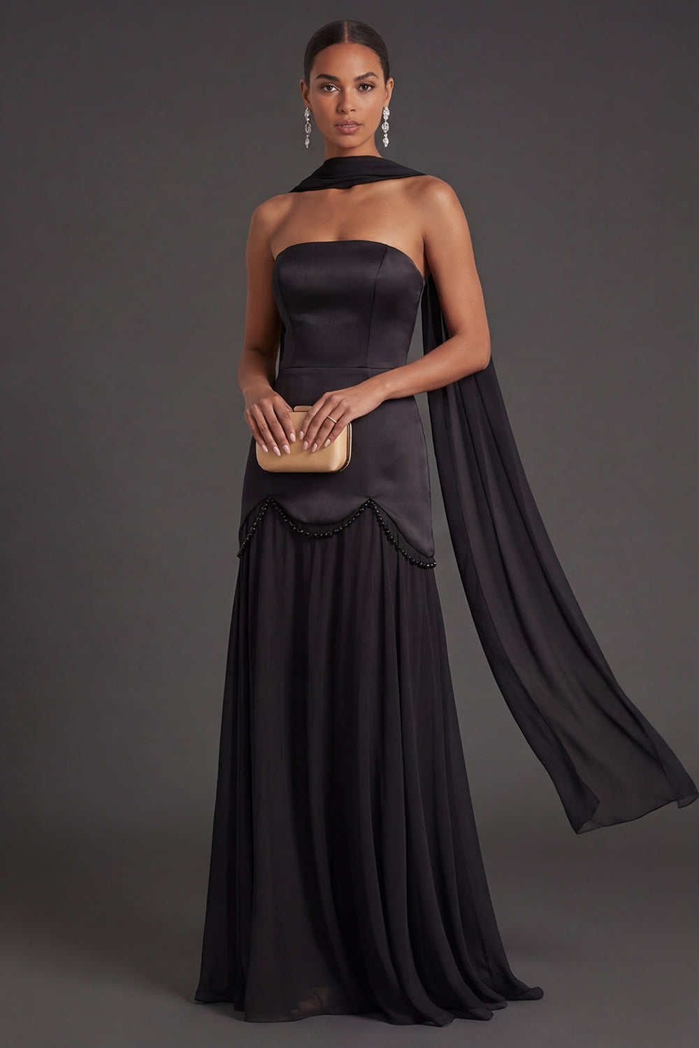 Black A Line Neck Scarf Strapless Long Bridesmaid Dress