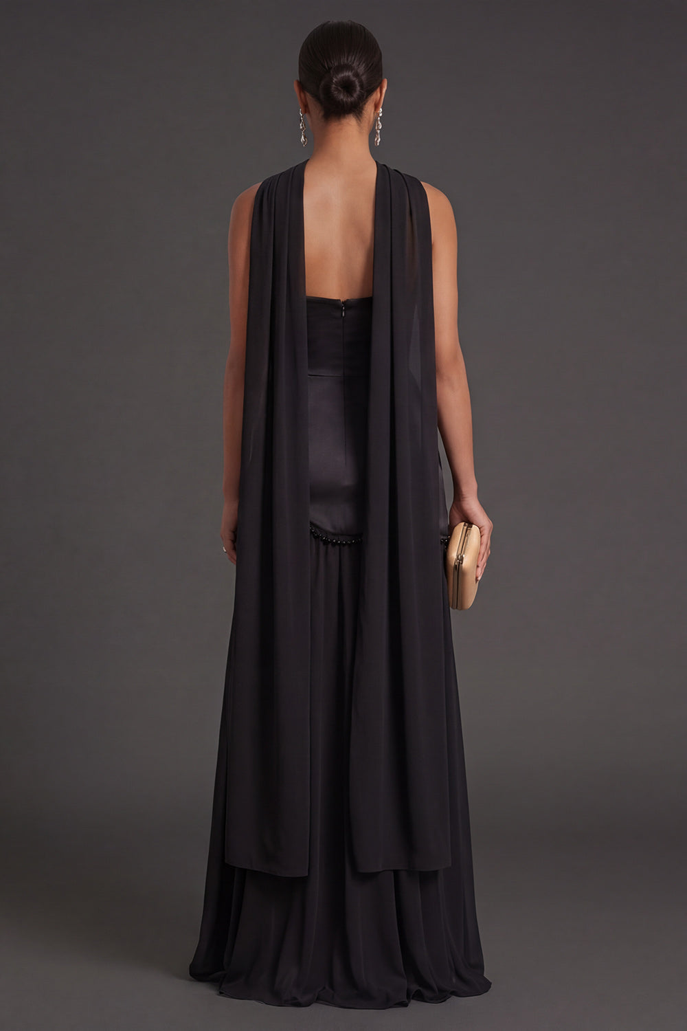 Black A Line Neck Scarf Strapless Long Bridesmaid Dress