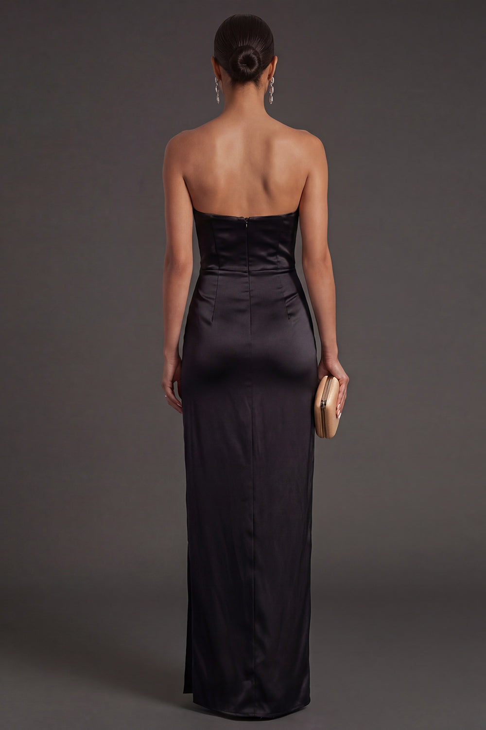 Sheath Black Strapless Long Bridesmaid Dress with Slit