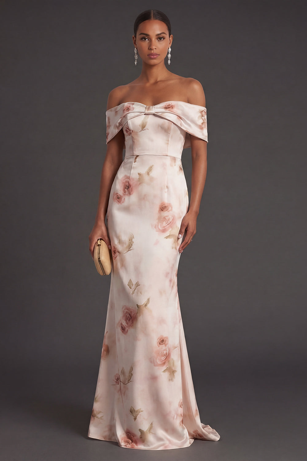 Ivory Red Floral Off the Shoulder Mermaid Long Bridesmaid Dress