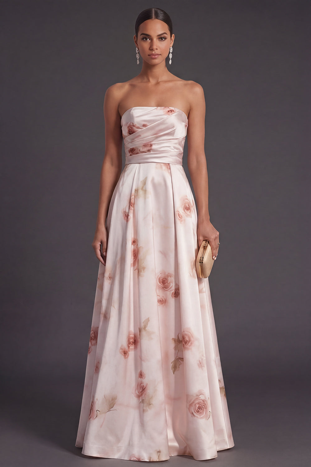 Ivory Red Floral Strapless A Line Long Bridesmaid Dress