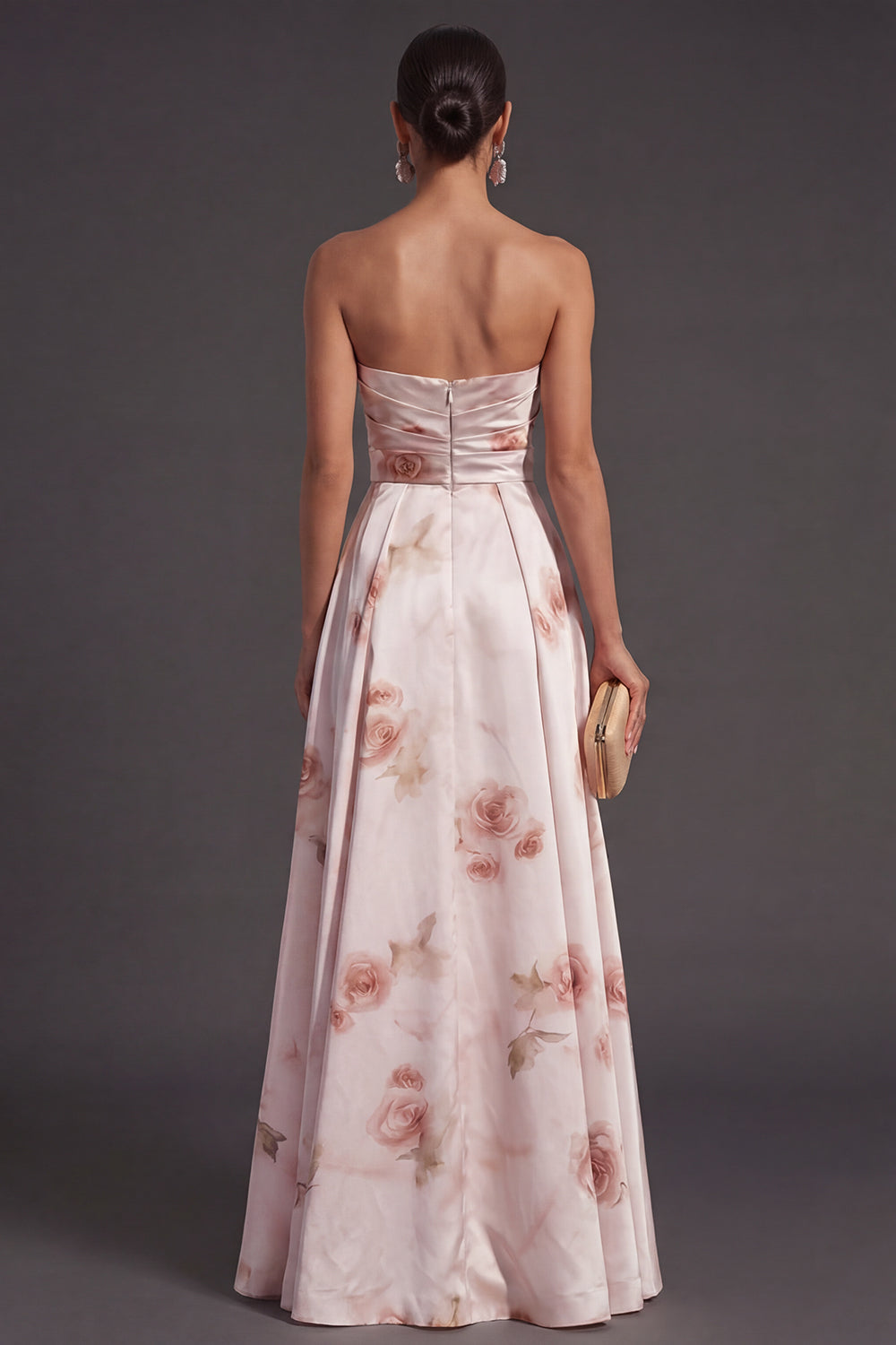 Ivory Red Floral Strapless A Line Long Bridesmaid Dress